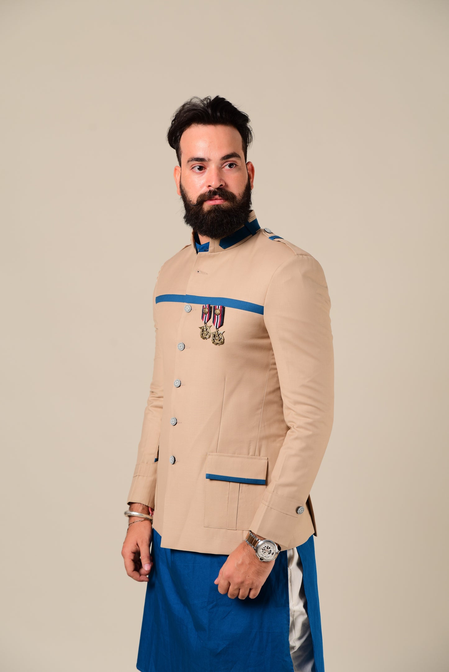 Fawn & Cerulean Color Bandhgala Jacket With Kurta Pajama Set
