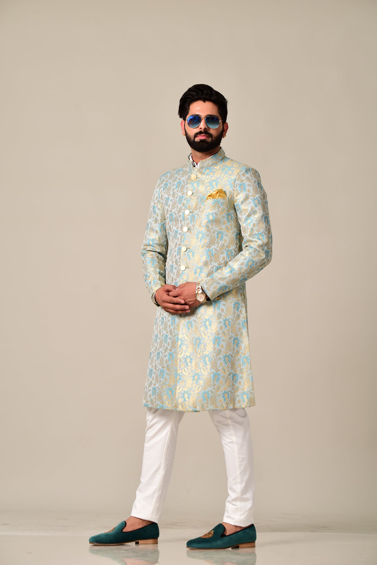 Handmade Sky Blue Gold Maharaja Style Brocade Silk Sherwani