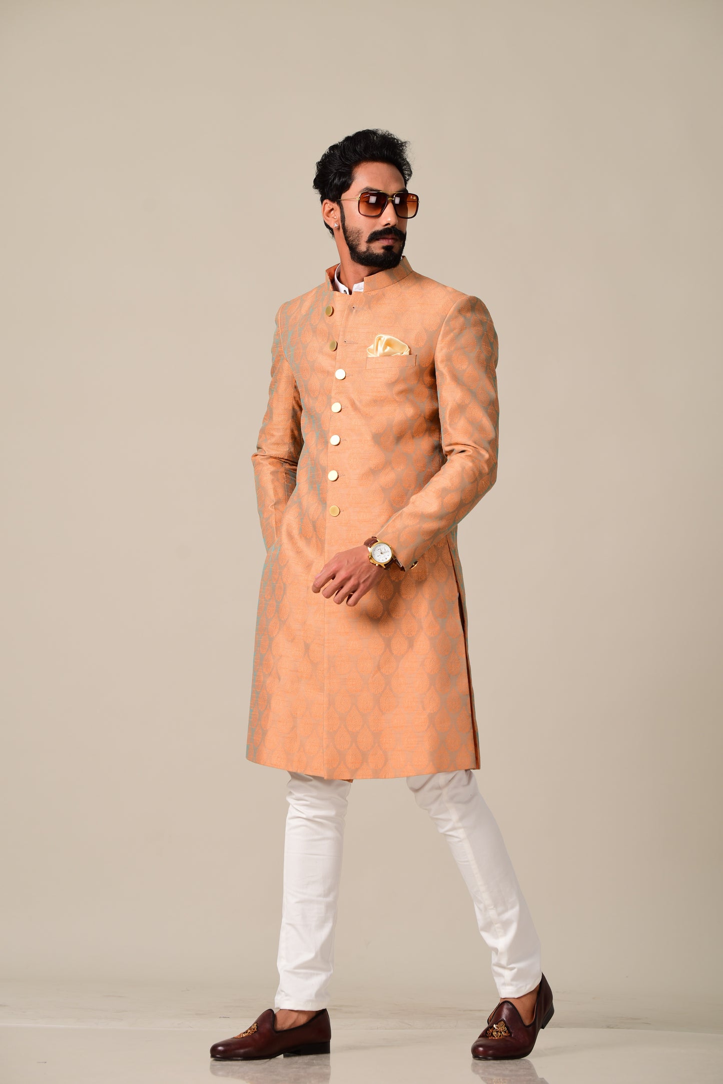 Handmade Booti Pattern Rust Cyan Brocade Silk Sherwani