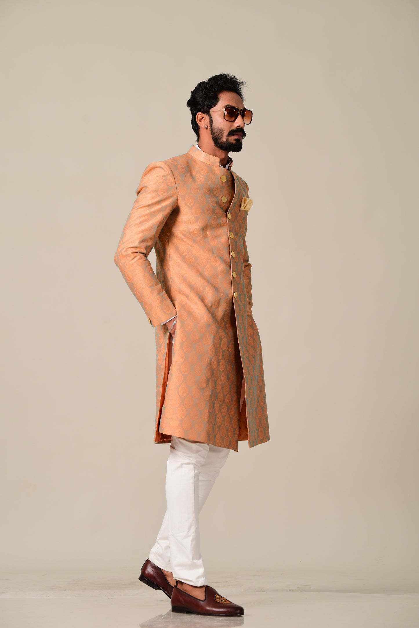 Handmade Booti Pattern Rust Cyan Brocade Silk Sherwani