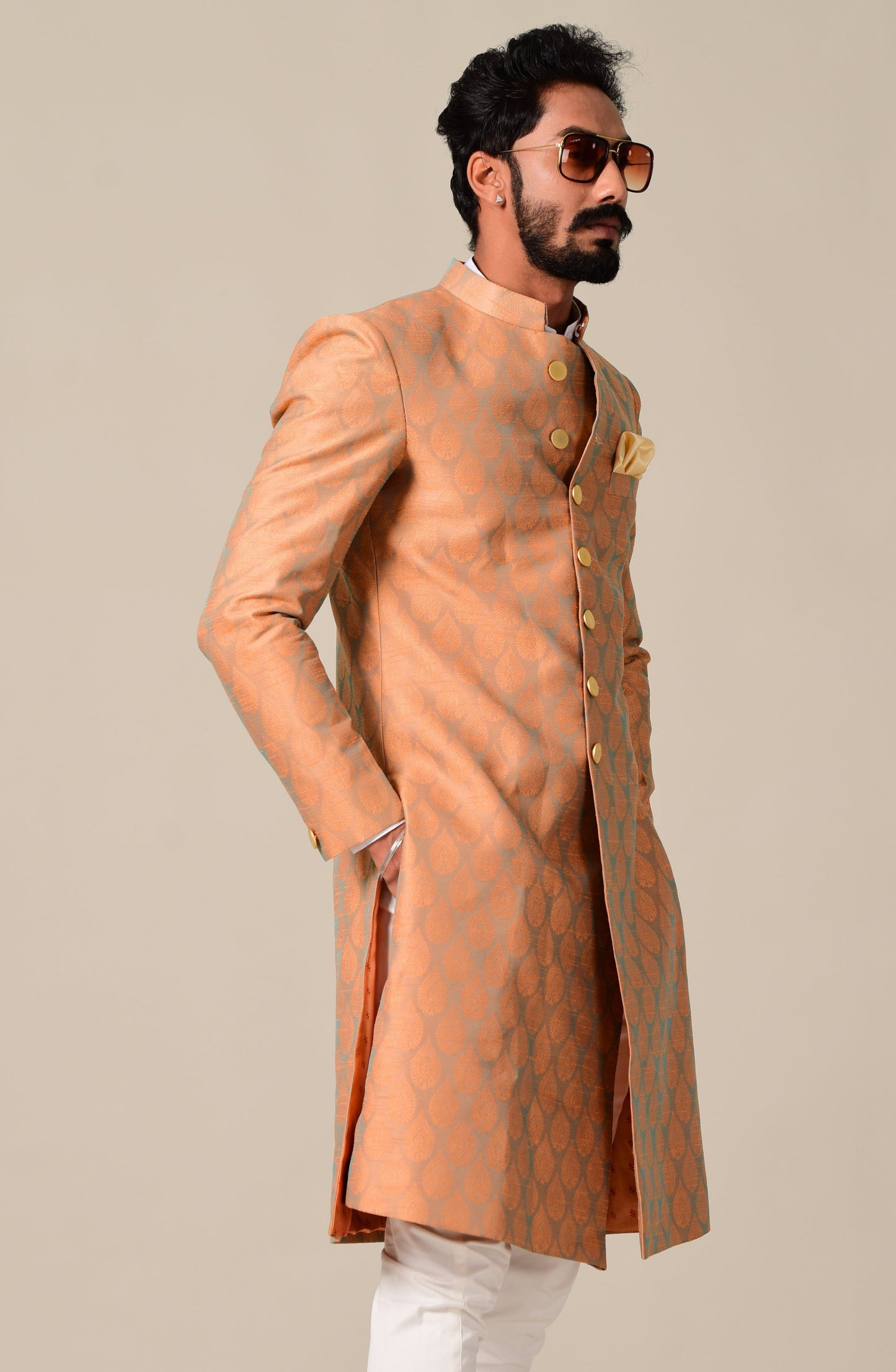 Handmade Booti Pattern Rust Cyan Brocade Silk Sherwani
