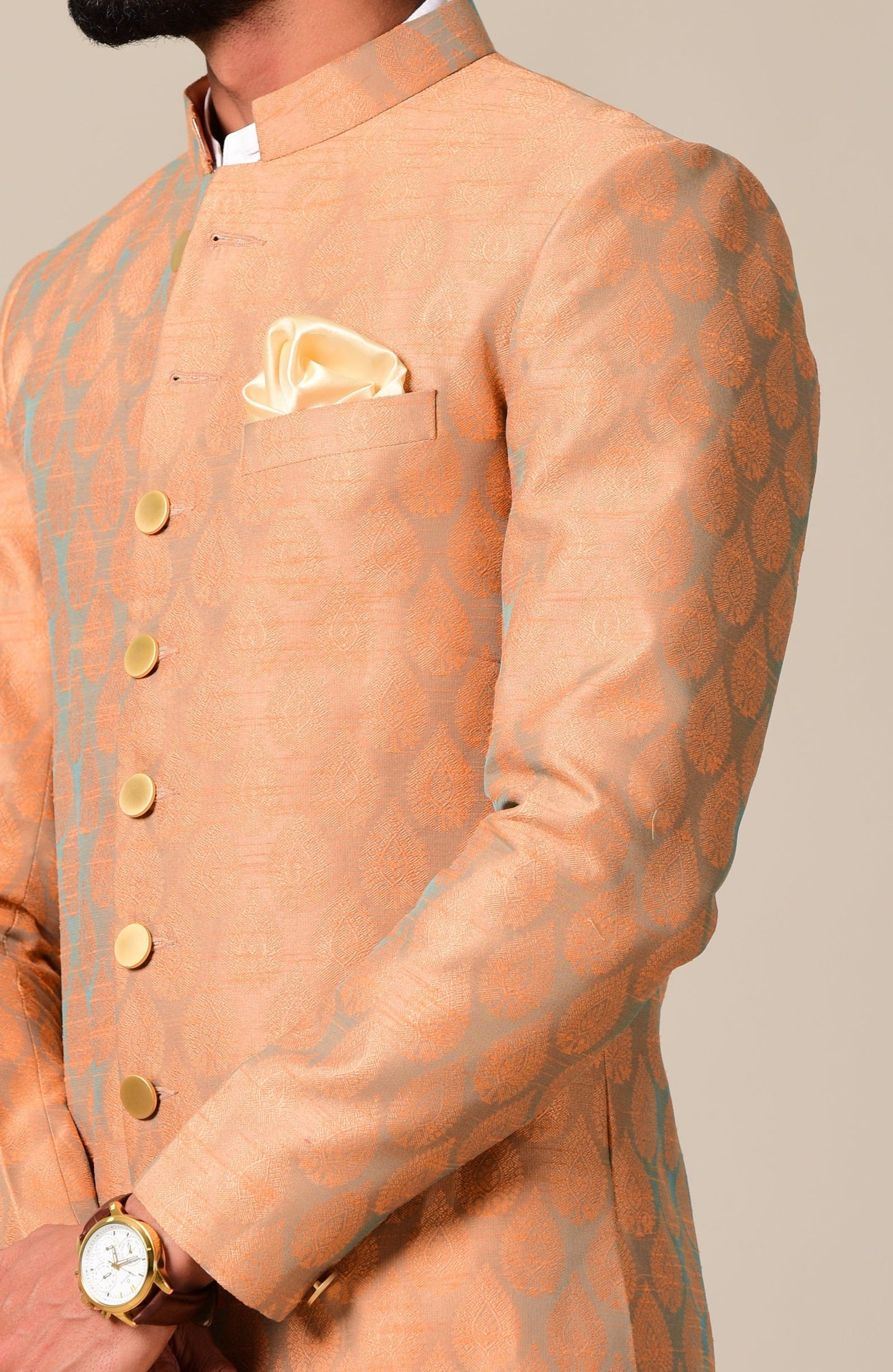 Handmade Booti Pattern Rust Cyan Brocade Silk Sherwani