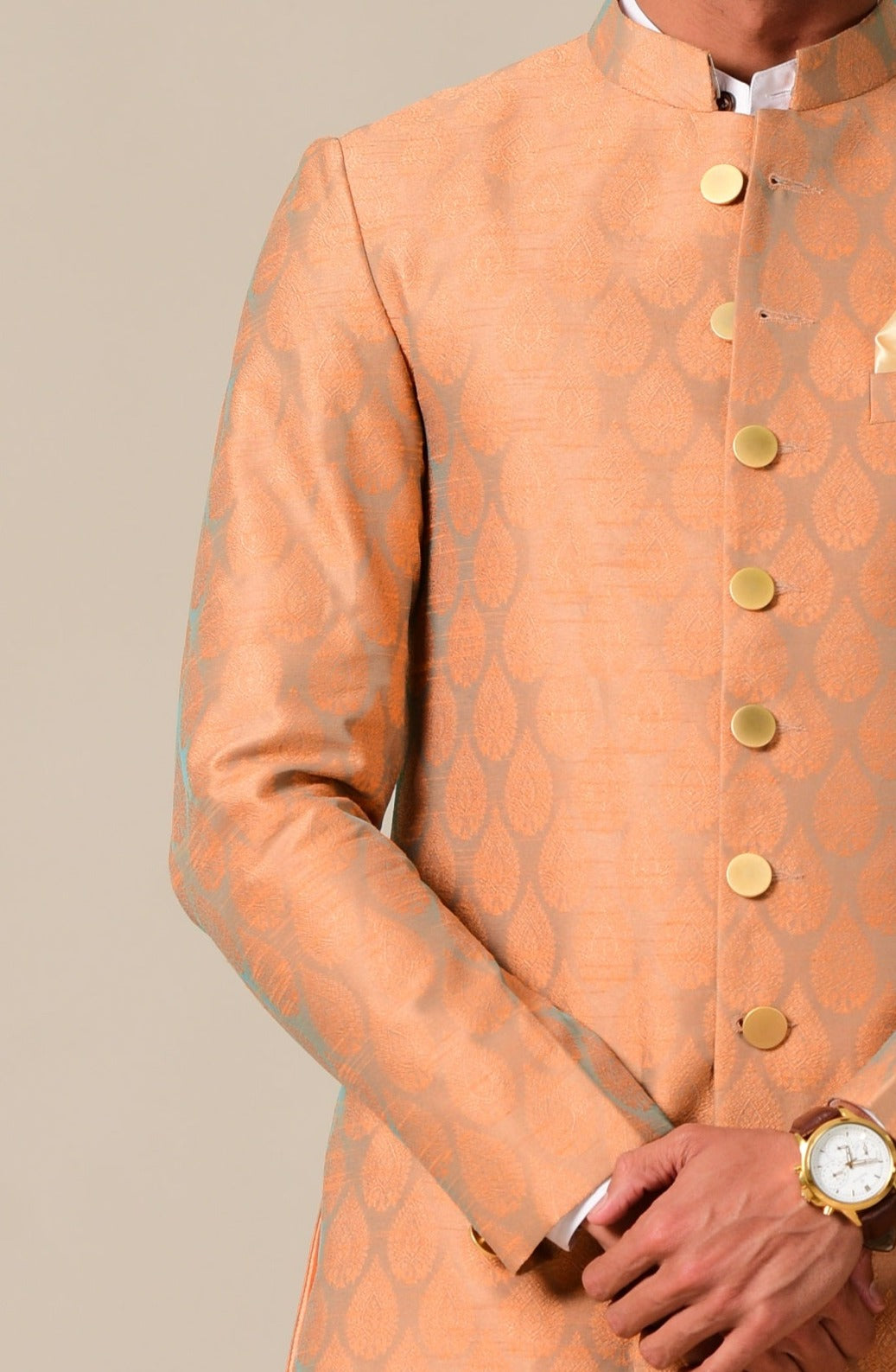 Handmade Booti Pattern Rust Cyan Brocade Silk Sherwani