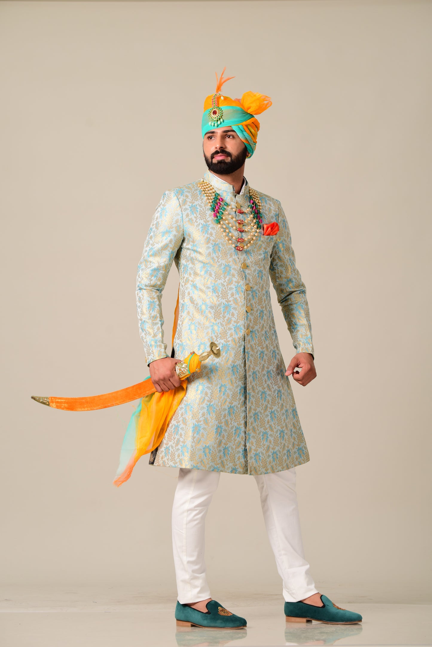 Handmade Sky Blue Gold Maharaja Style Brocade Silk Sherwani