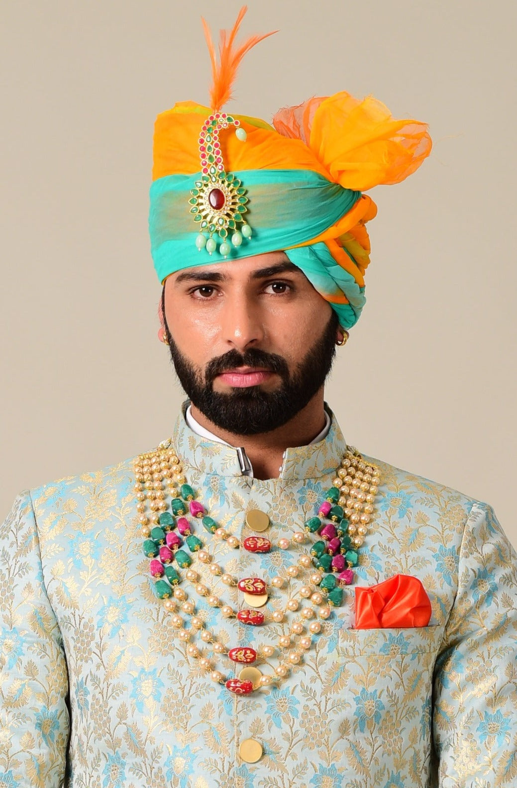 Handmade Sky Blue Gold Maharaja Style Brocade Silk Sherwani