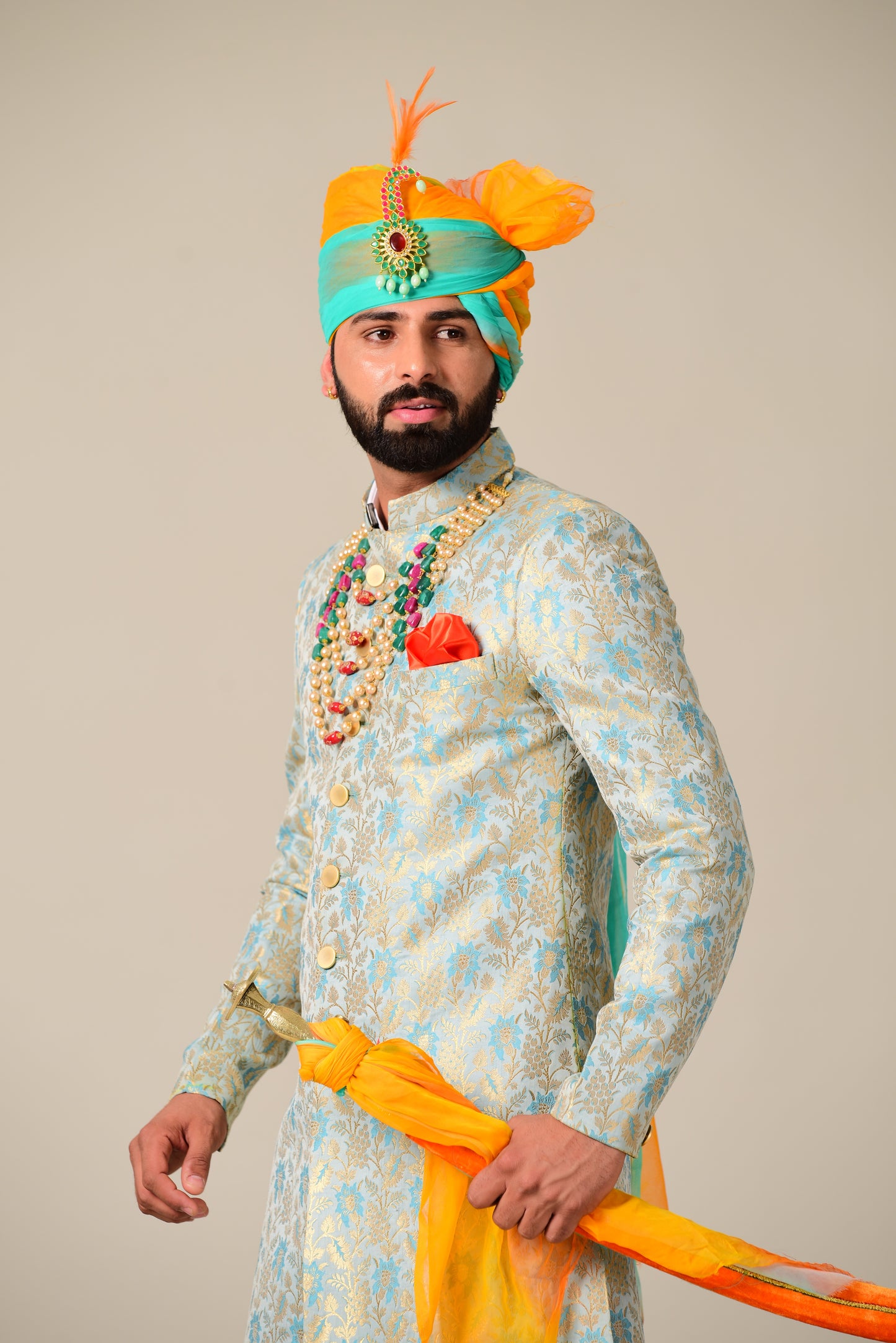 Handmade Sky Blue Gold Maharaja Style Brocade Silk Sherwani