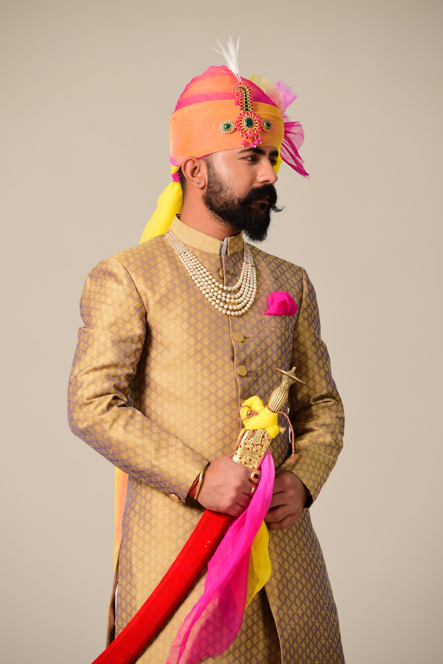 Handmade Golden and violet Brocade Silk Achkan