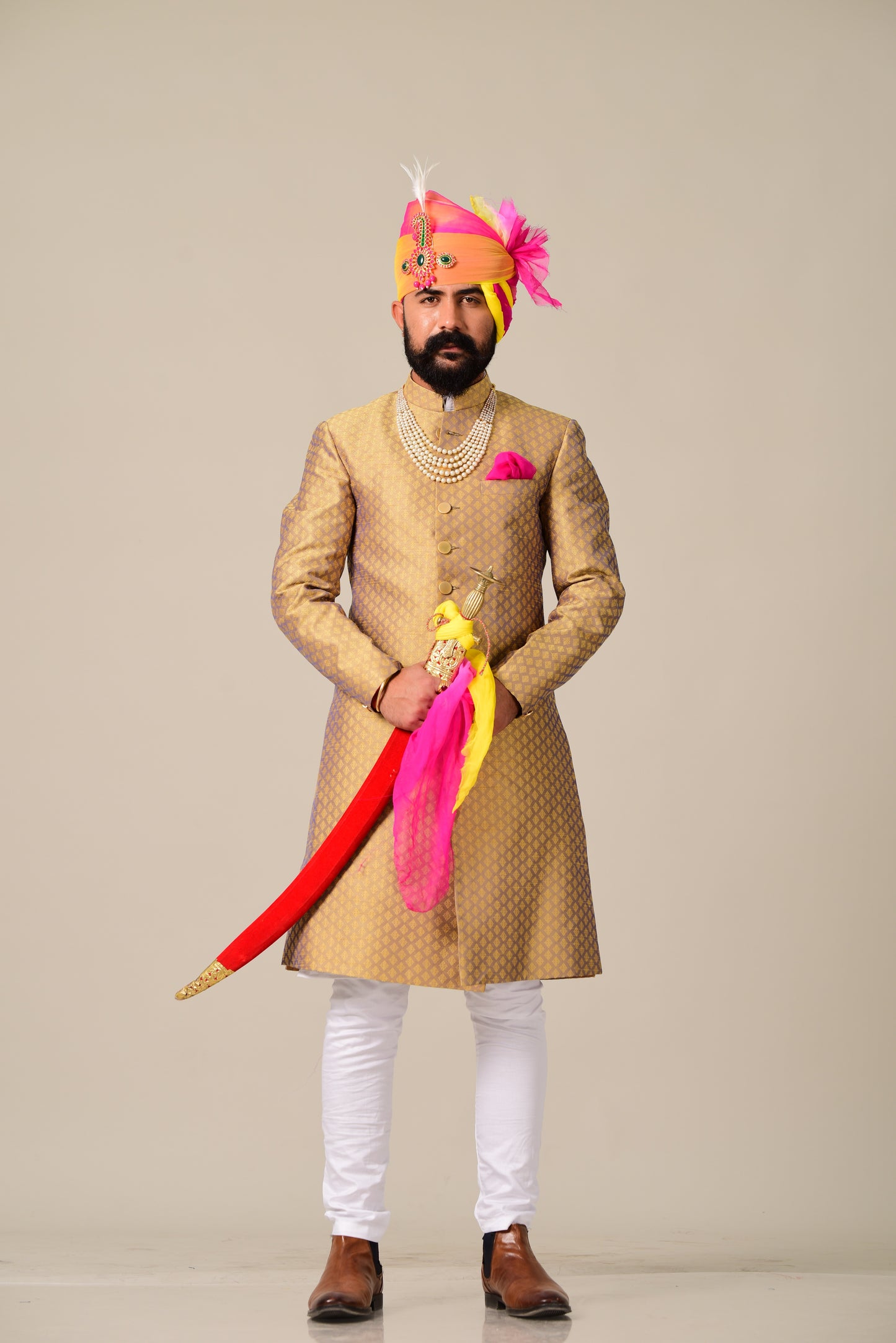Handmade Golden and violet Brocade Silk Achkan