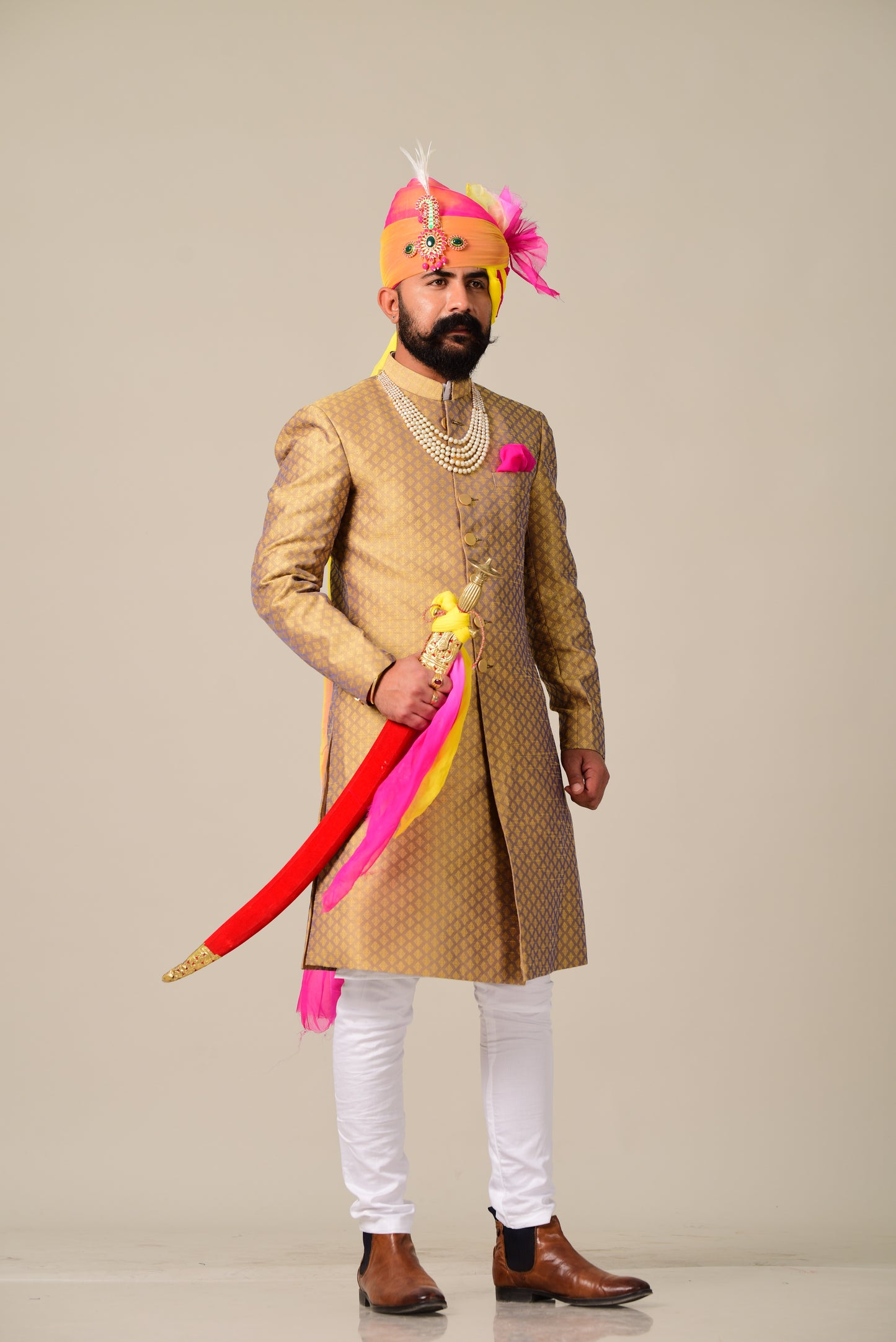 Handmade Golden and violet Brocade Silk Achkan