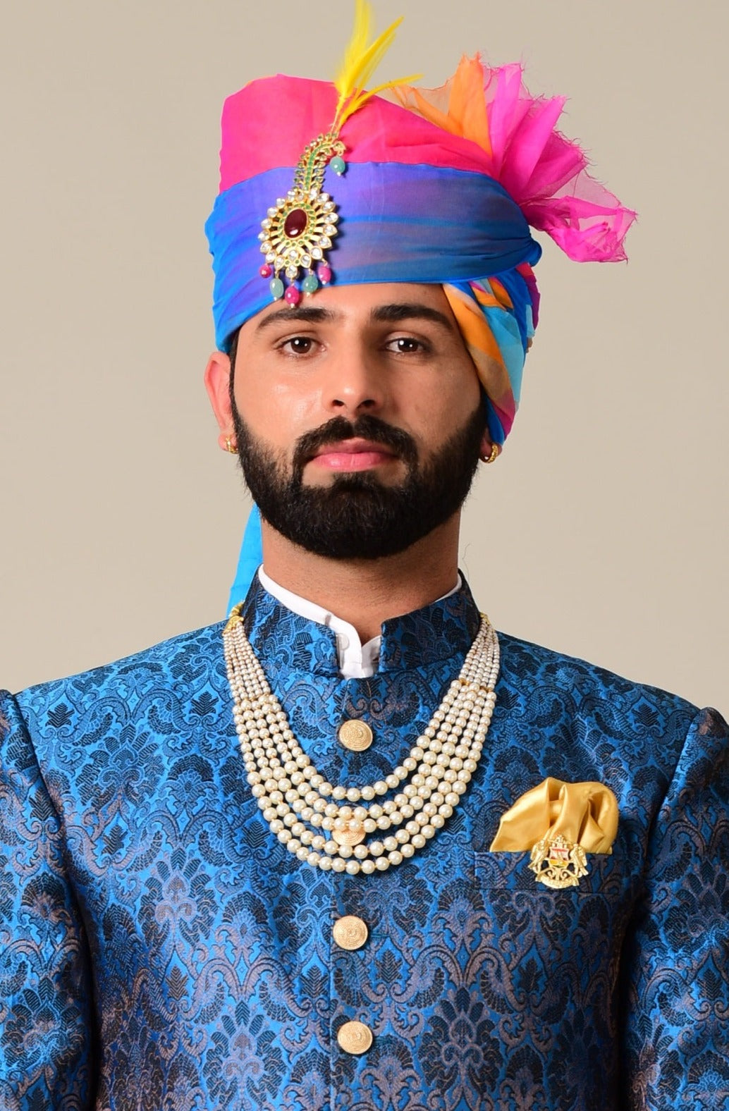 Handmade Cobalt Blue Kim-Khab Brocade Silk Achkan