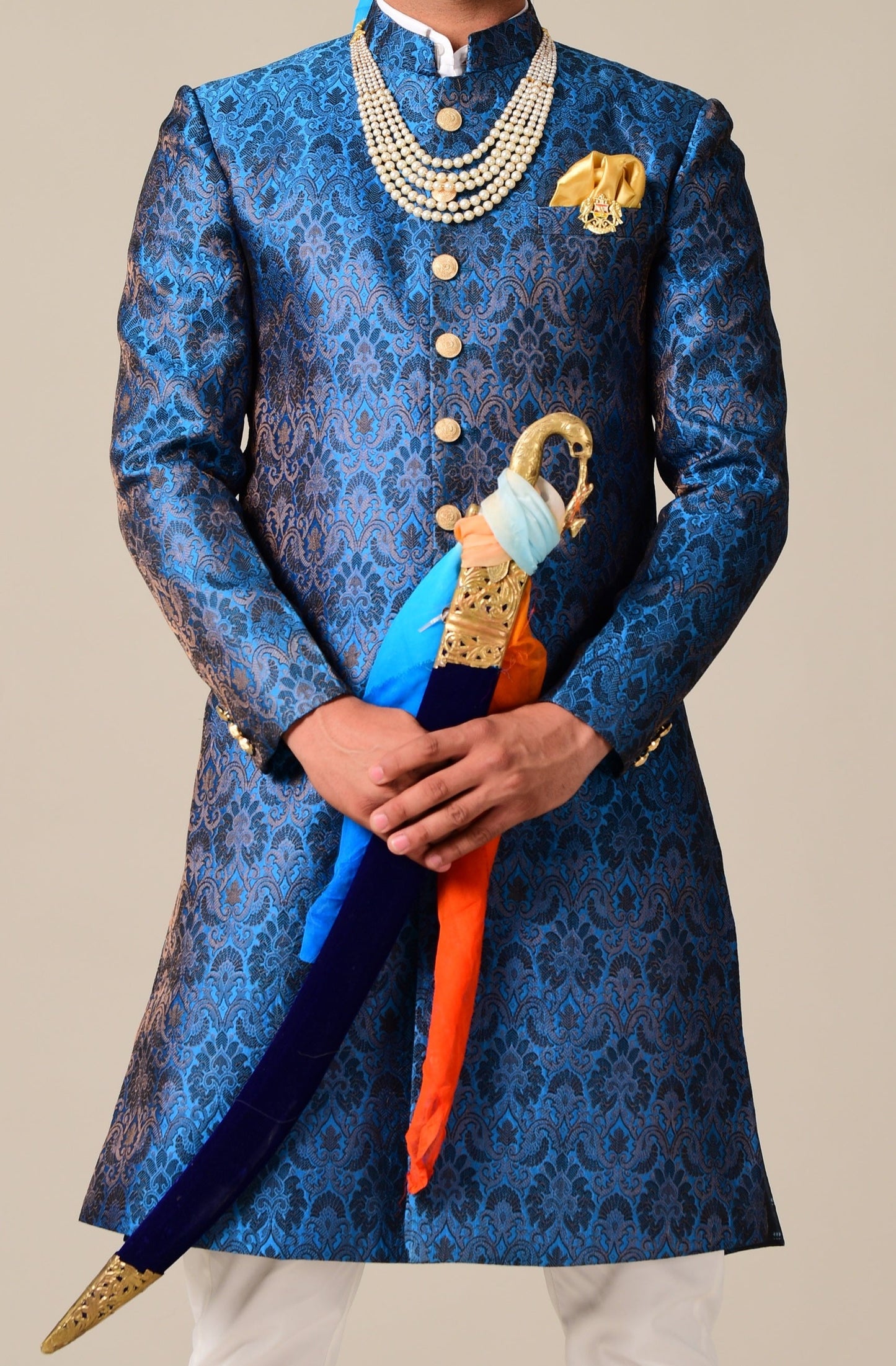Handmade Cobalt Blue Kim-Khab Brocade Silk Achkan