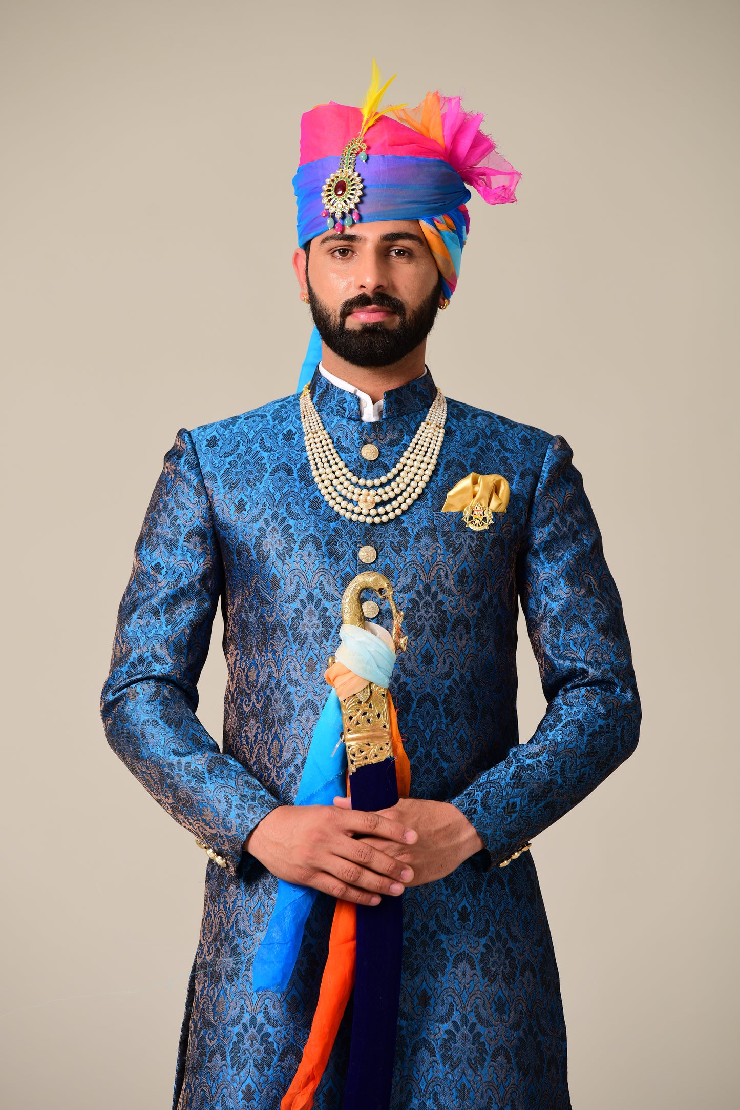 Handmade Cobalt Blue Kim-Khab Brocade Silk Achkan