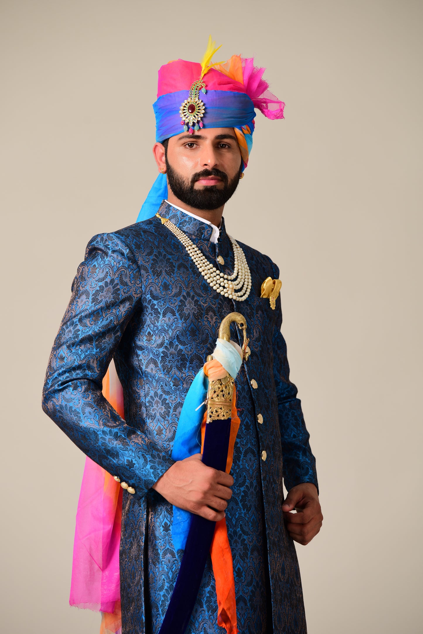 Handmade Cobalt Blue Kim-Khab Brocade Silk Achkan