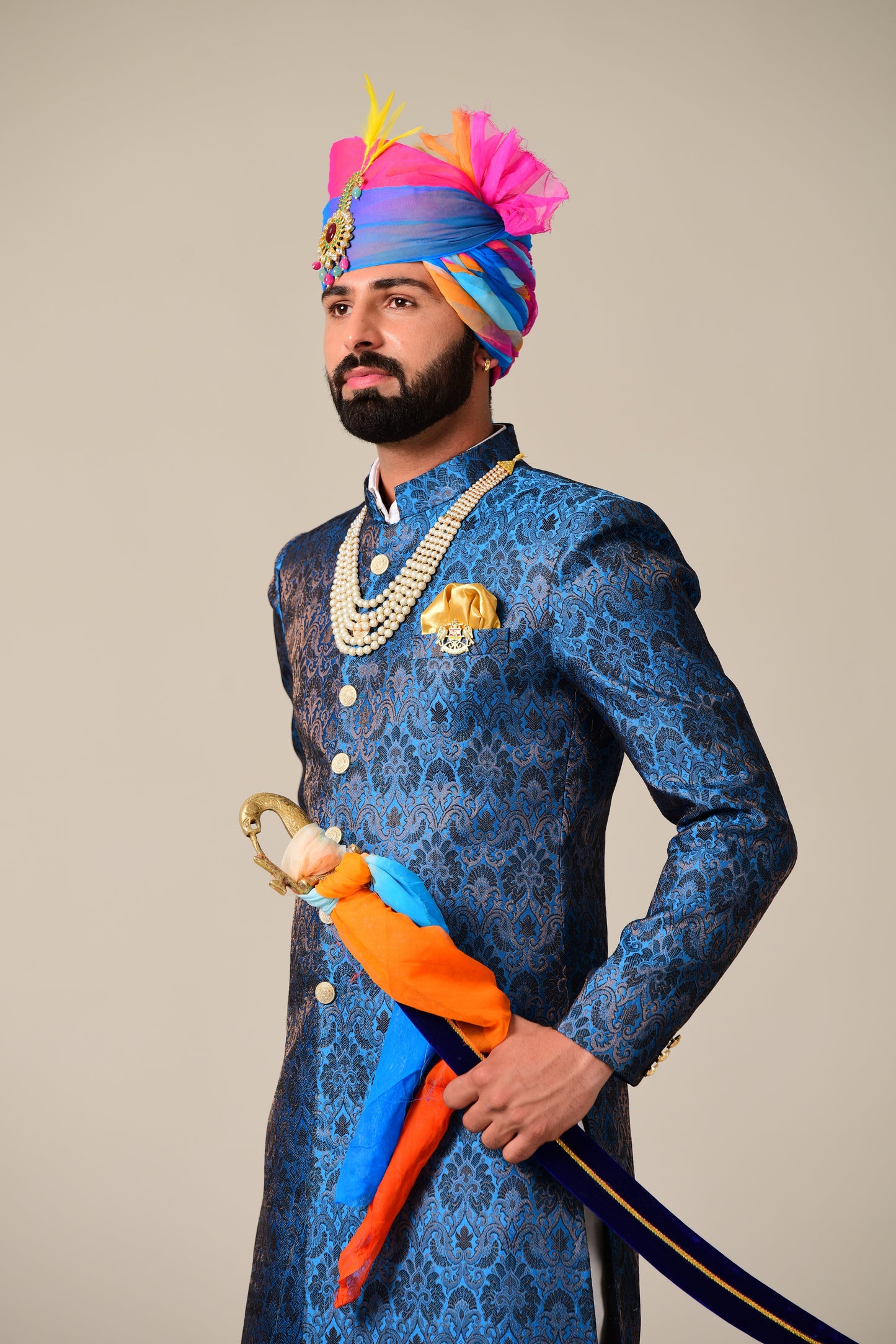 Handmade Cobalt Blue Kim-Khab Brocade Silk Achkan