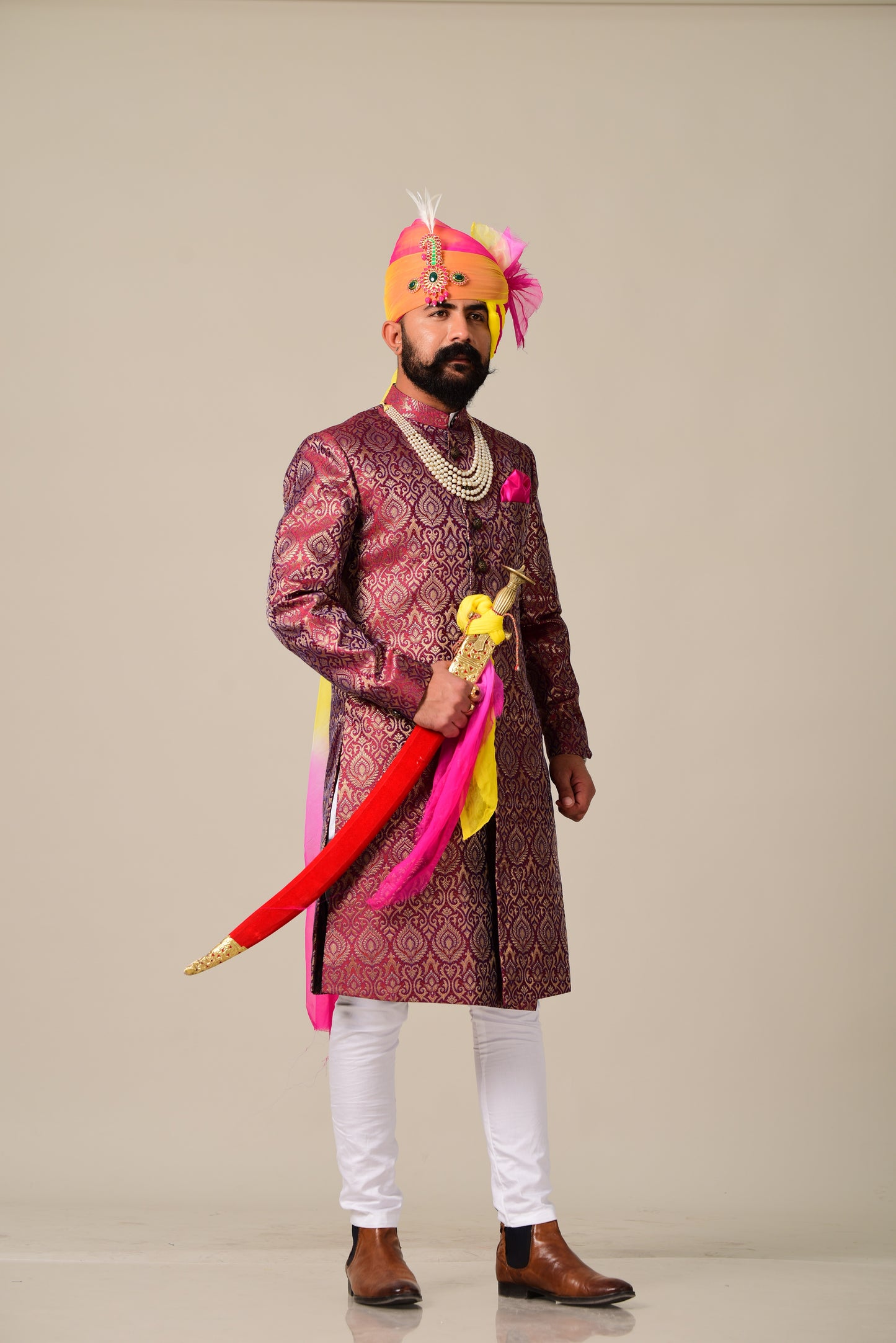 Regal Rosewood Brocade Silk Achkan