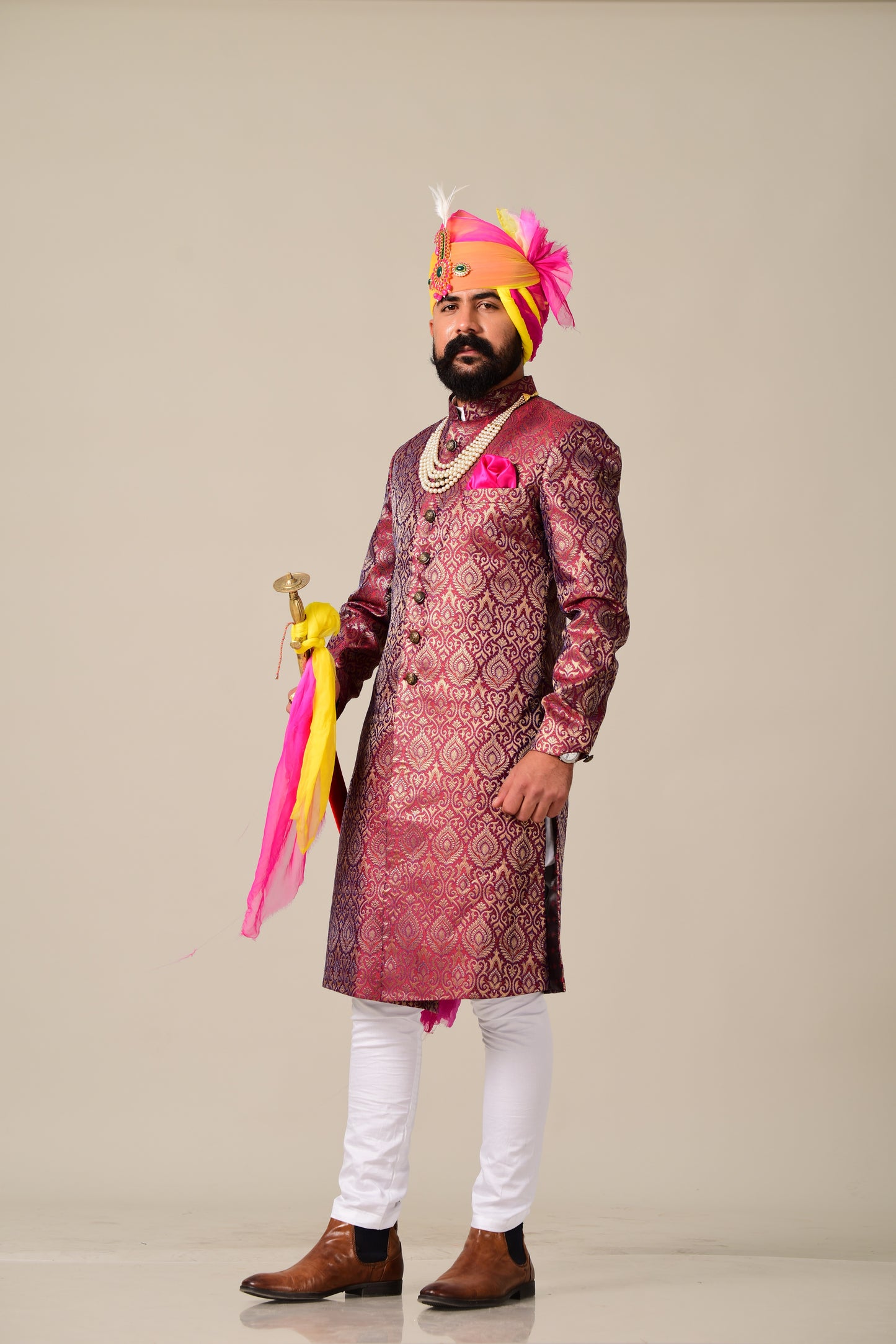 Regal Rosewood Brocade Silk Achkan