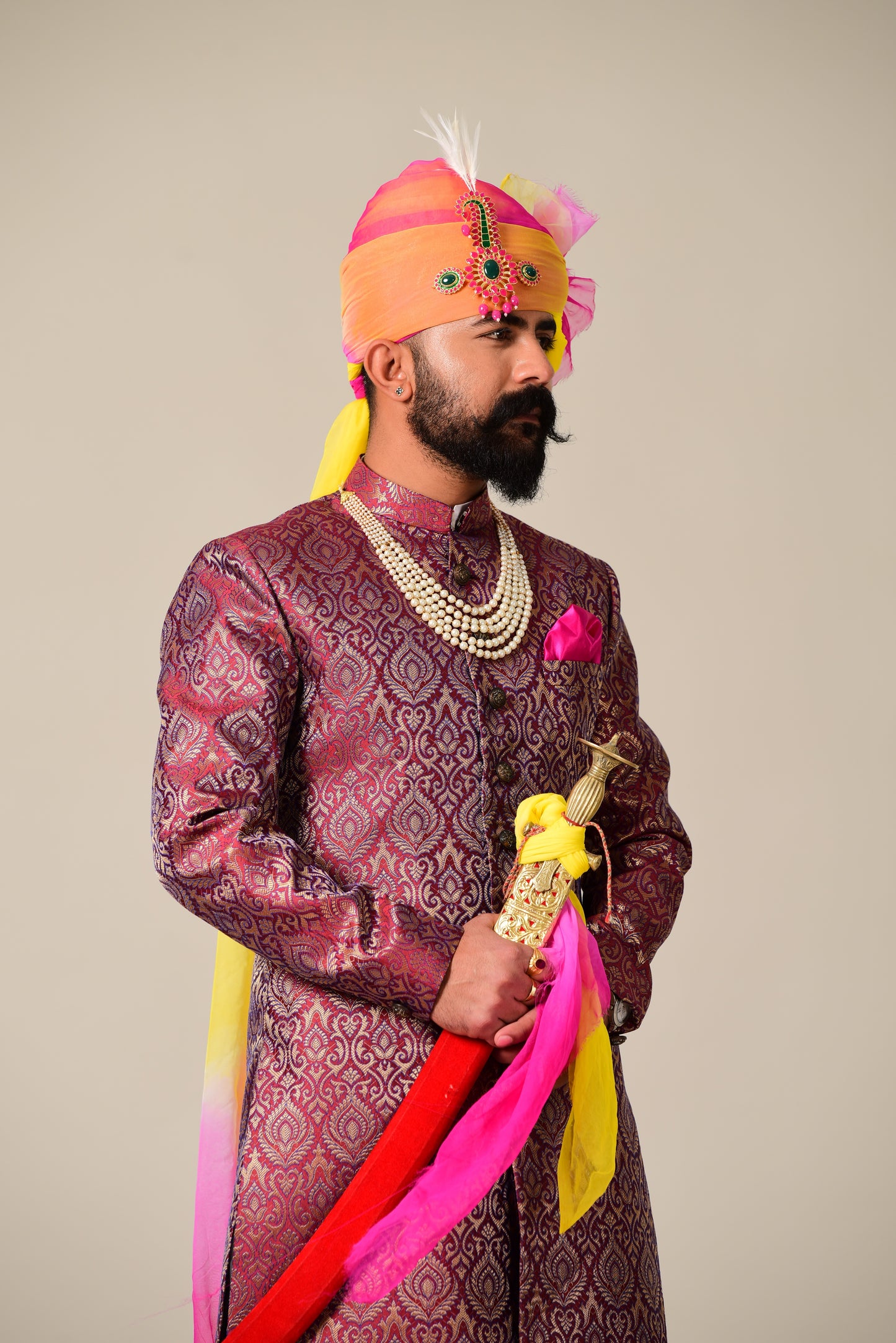 Regal Rosewood Brocade Silk Achkan