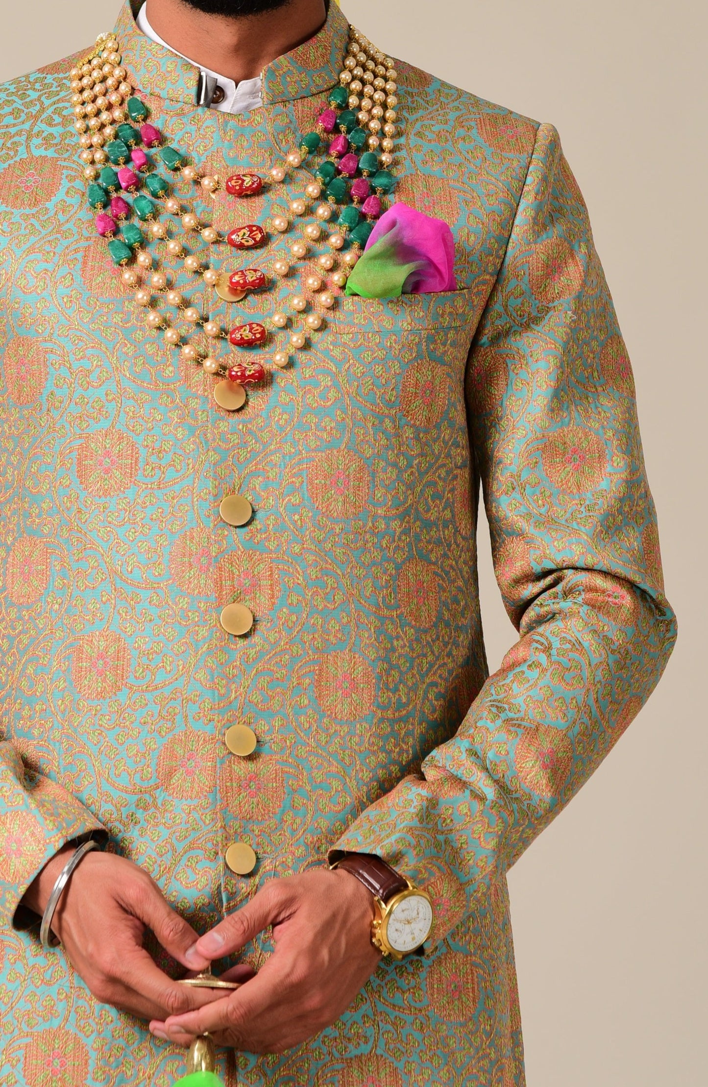 Sage Green and Pink Designer Brocade Achkan