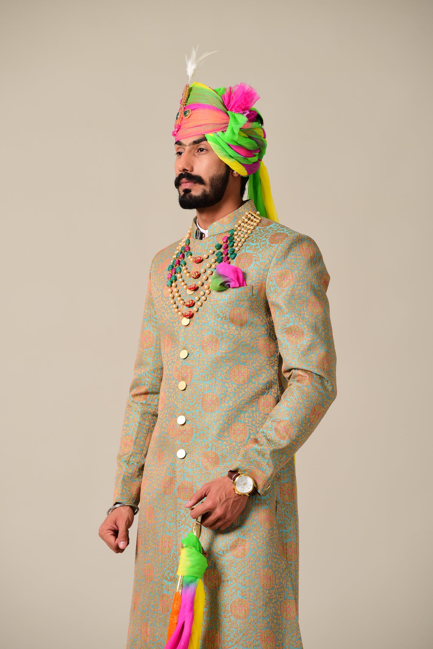 Sage Green and Pink Designer Brocade Achkan