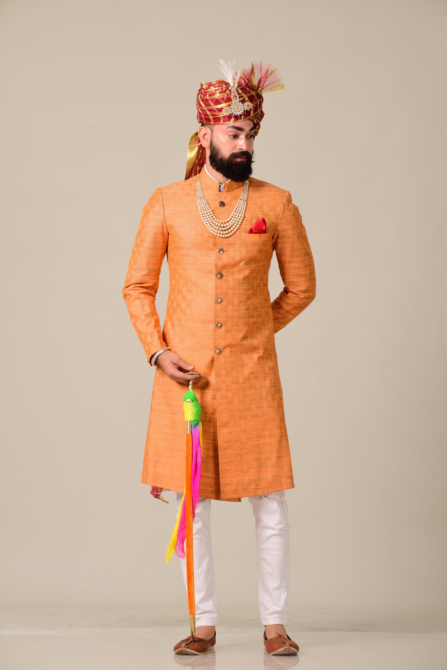 Handmade Royal Orange Brocade Silk Achkan