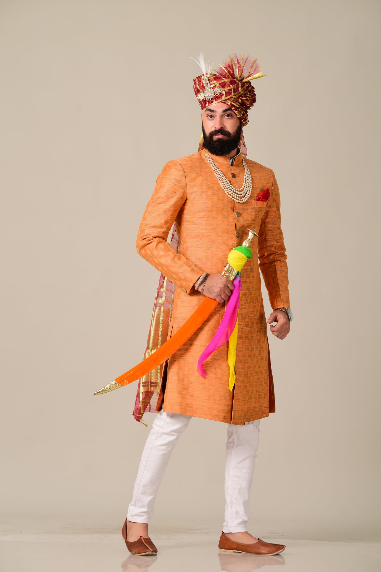 Handmade Royal Orange Brocade Silk Achkan