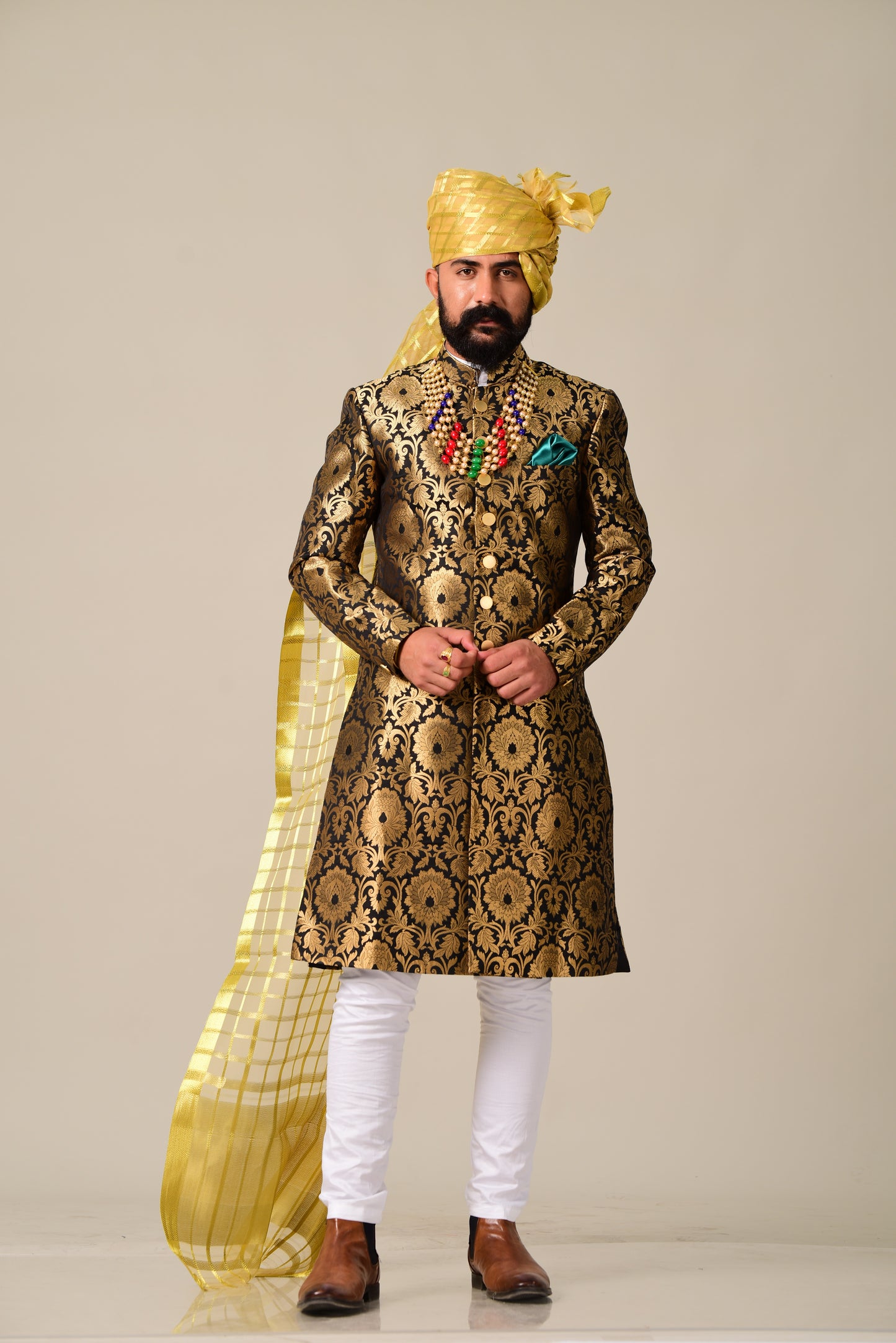 Handmade Royal Golden-Black Brocade Silk Achkan