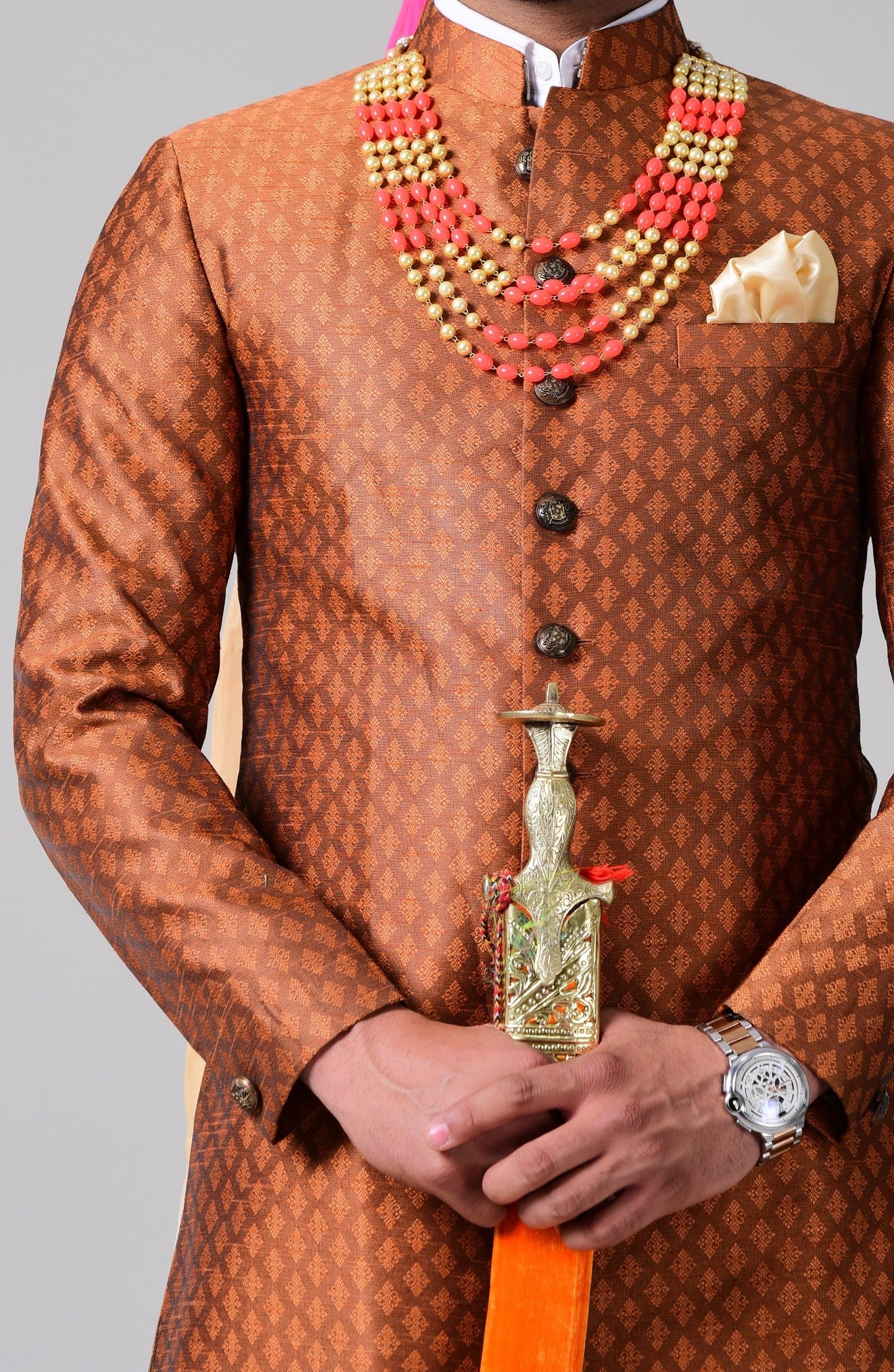 Royal Rust Orange Brocade Punjabi Style Sherwani