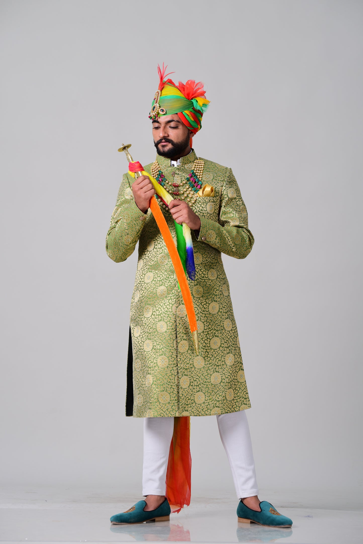 Spring Bug and Golden Brocade Designer Royal Rajputana Achkan