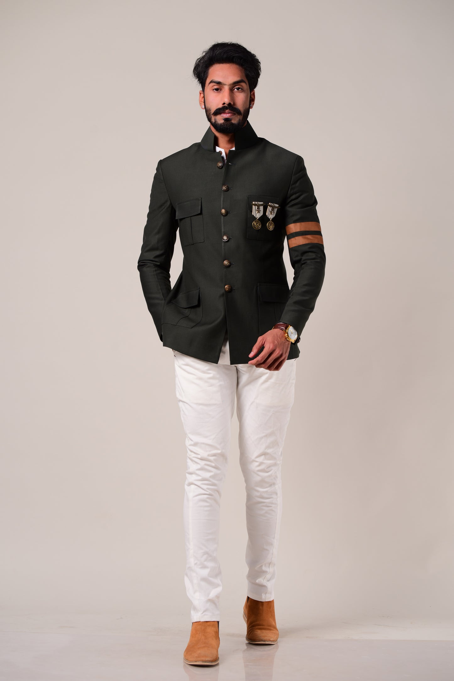 Dark Green Jodhpuri Bandhgala With White Trouser