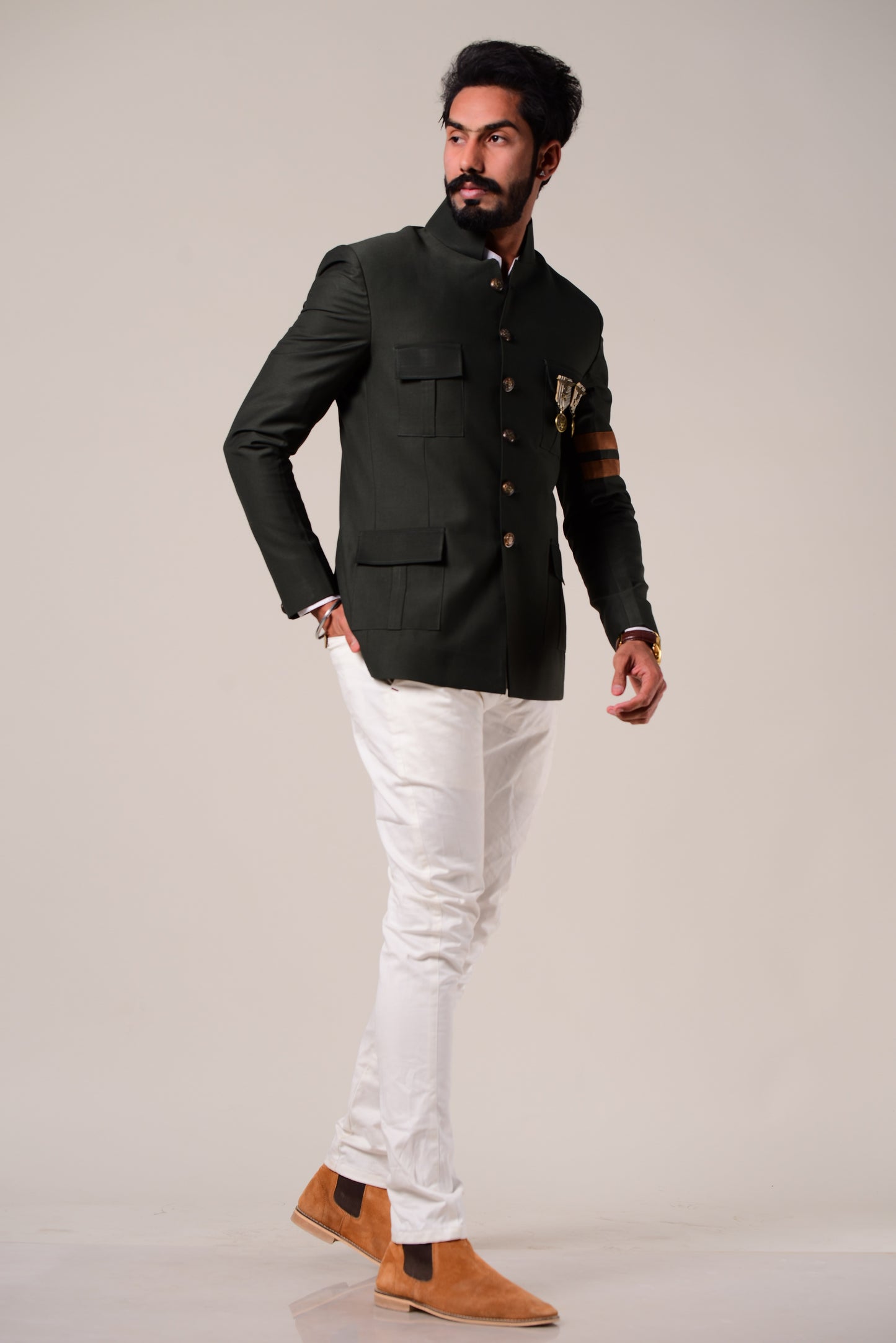 Dark Green Jodhpuri Bandhgala With White Trouser