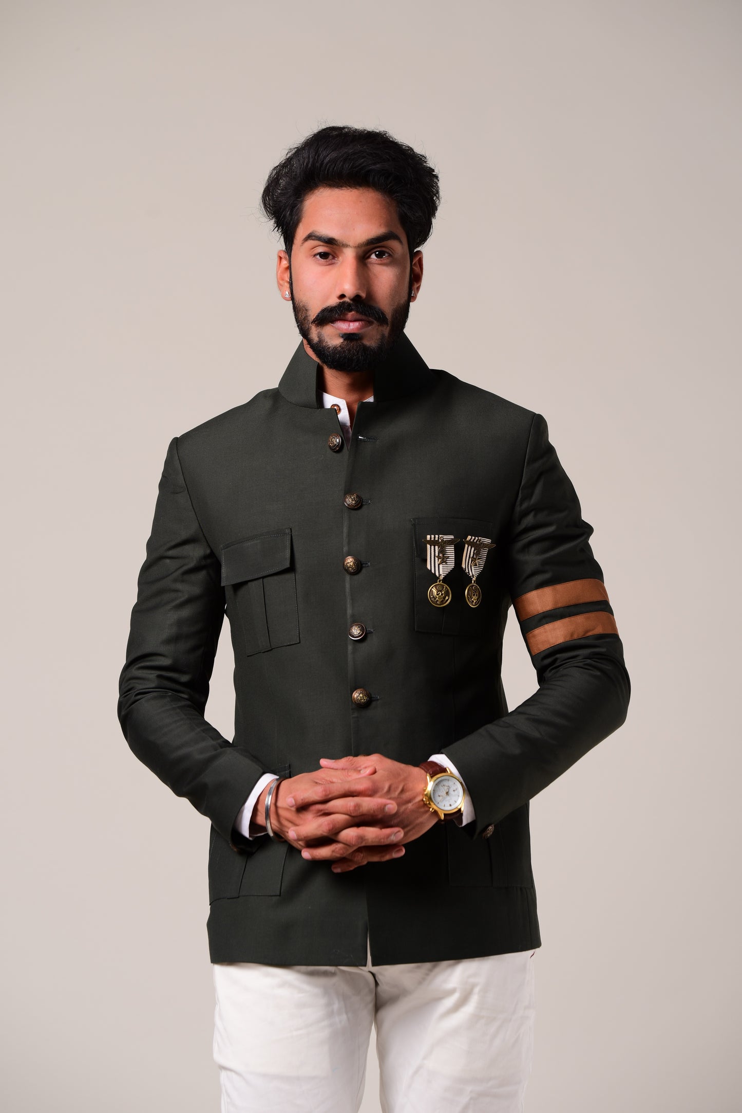 Dark Green Jodhpuri Bandhgala With White Trouser