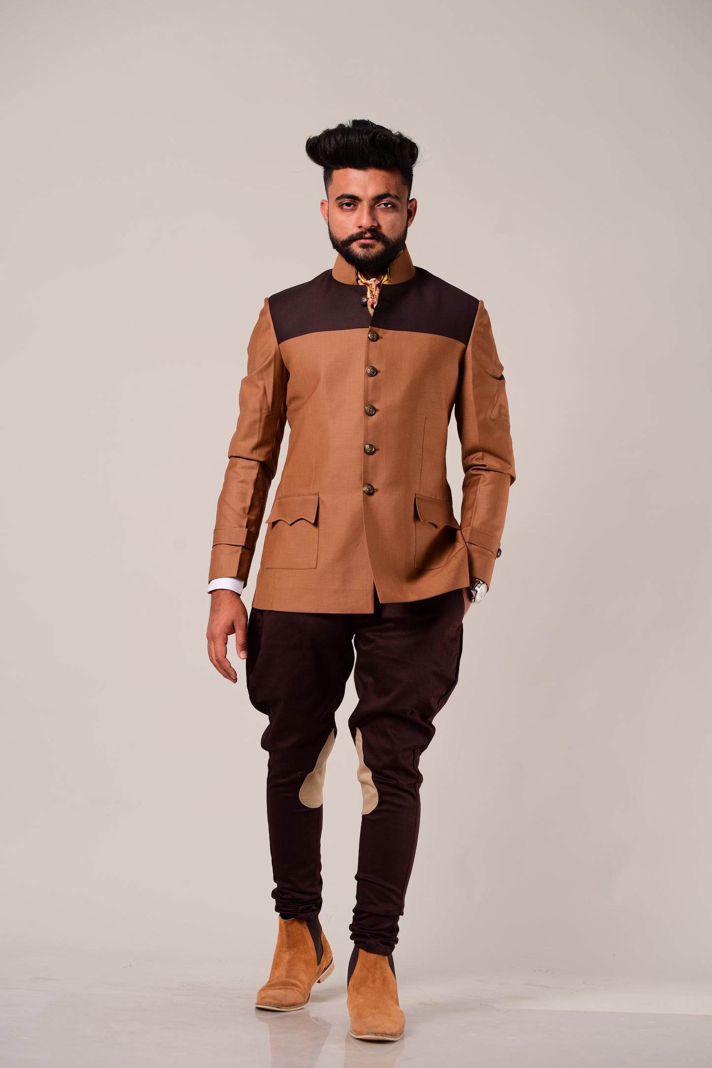 Exclusive Almond Brown Terry Rayon Bandhgala Blazer