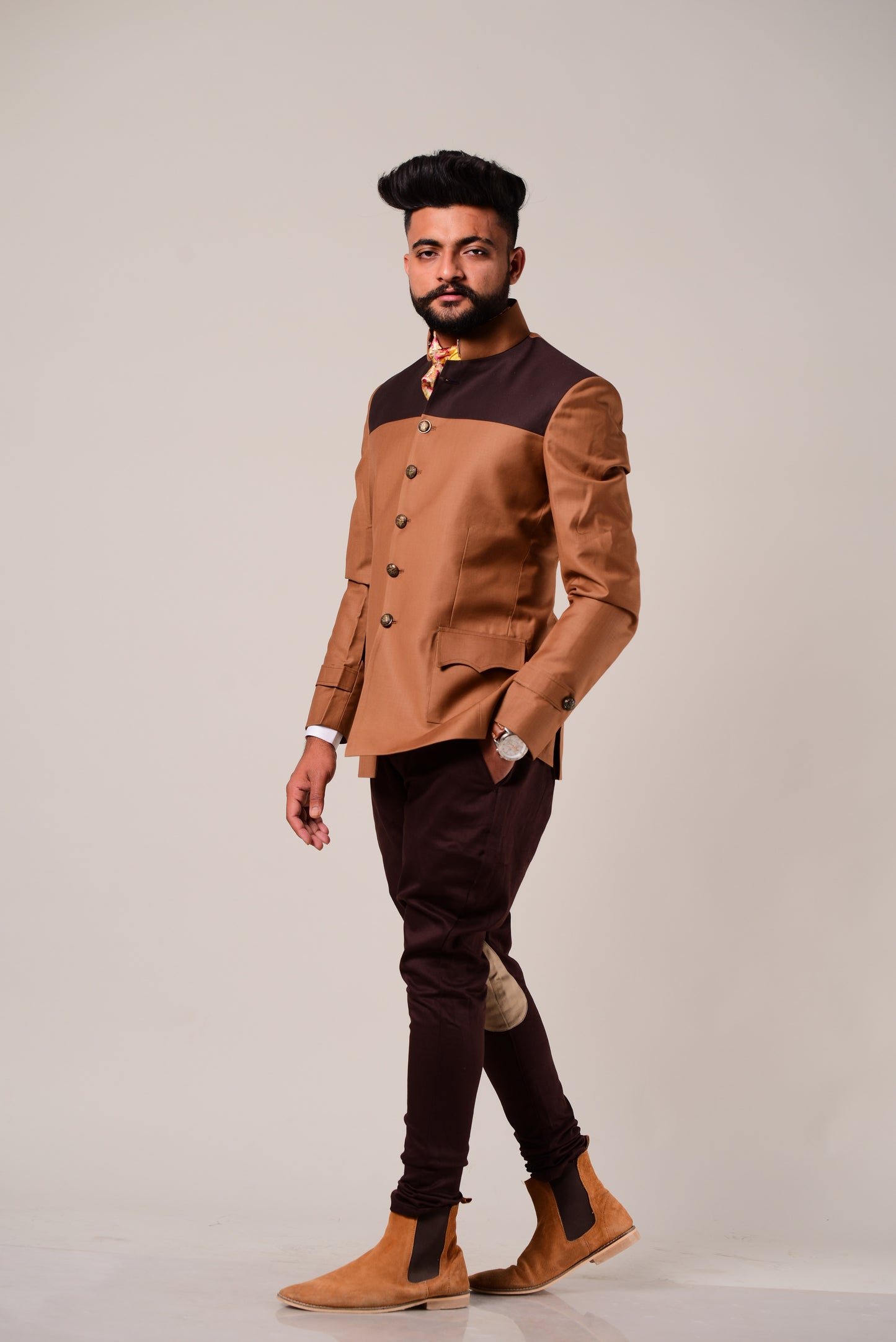 Exclusive Almond Brown Terry Rayon Bandhgala Blazer