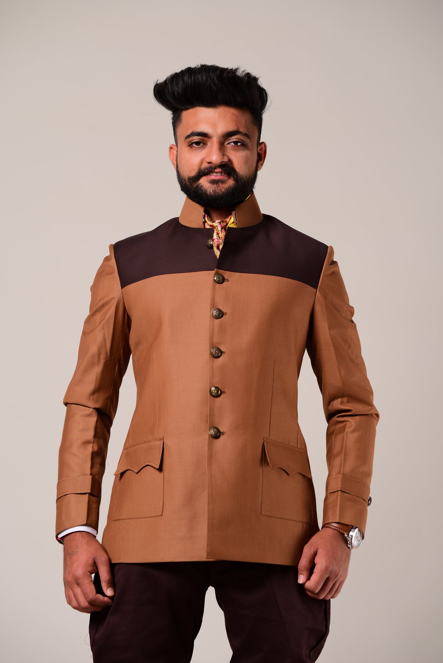 Exclusive Almond Brown Terry Rayon Bandhgala Blazer