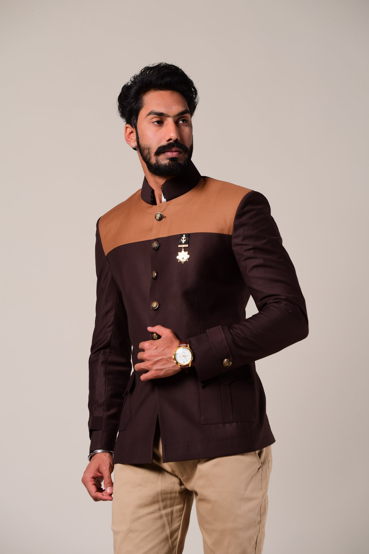 Umber Brown Dual Color Bandhgala Blazer With Trouser