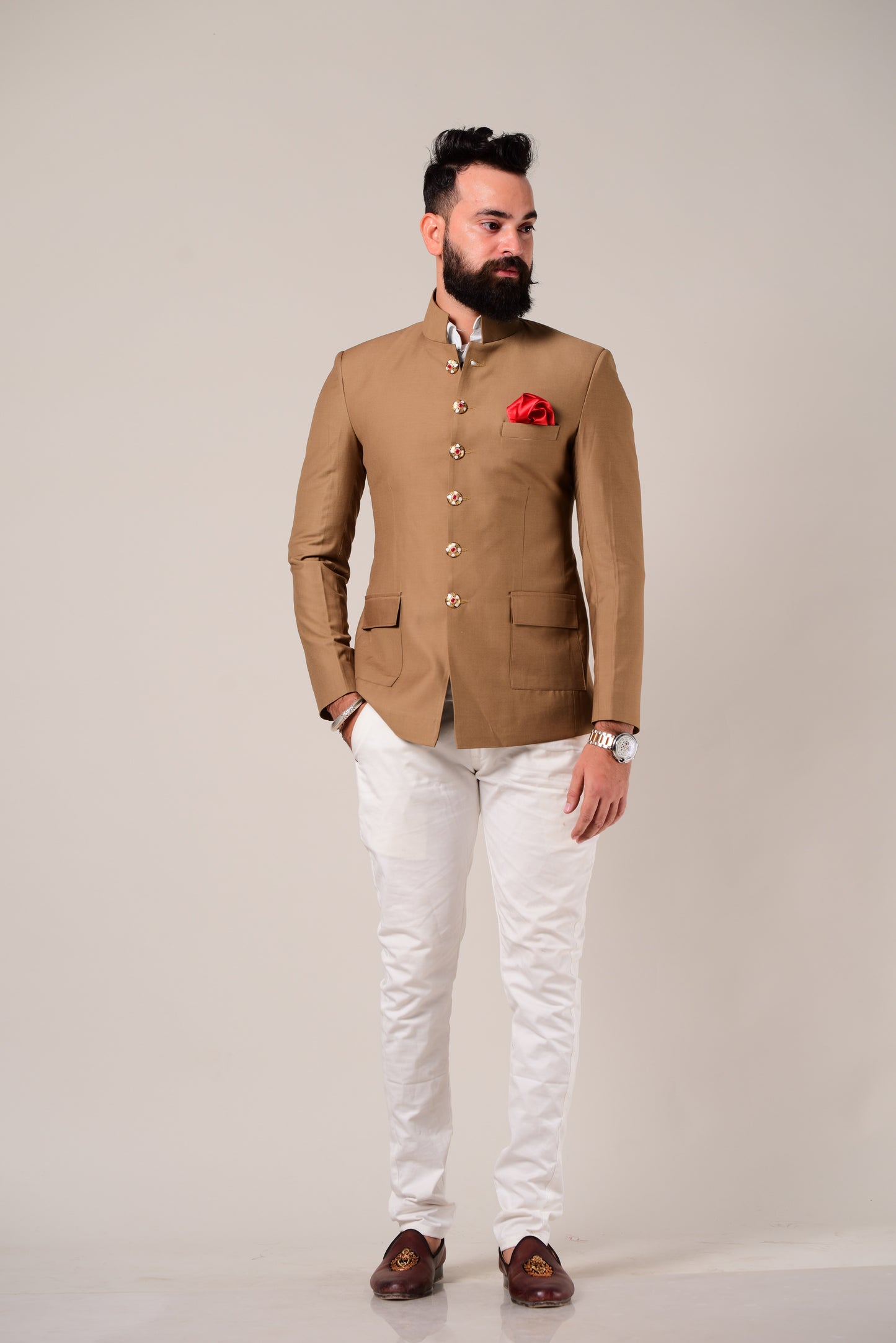 Camel Brown Terry Rayon Jodhpuri Bandhgala With Trouser