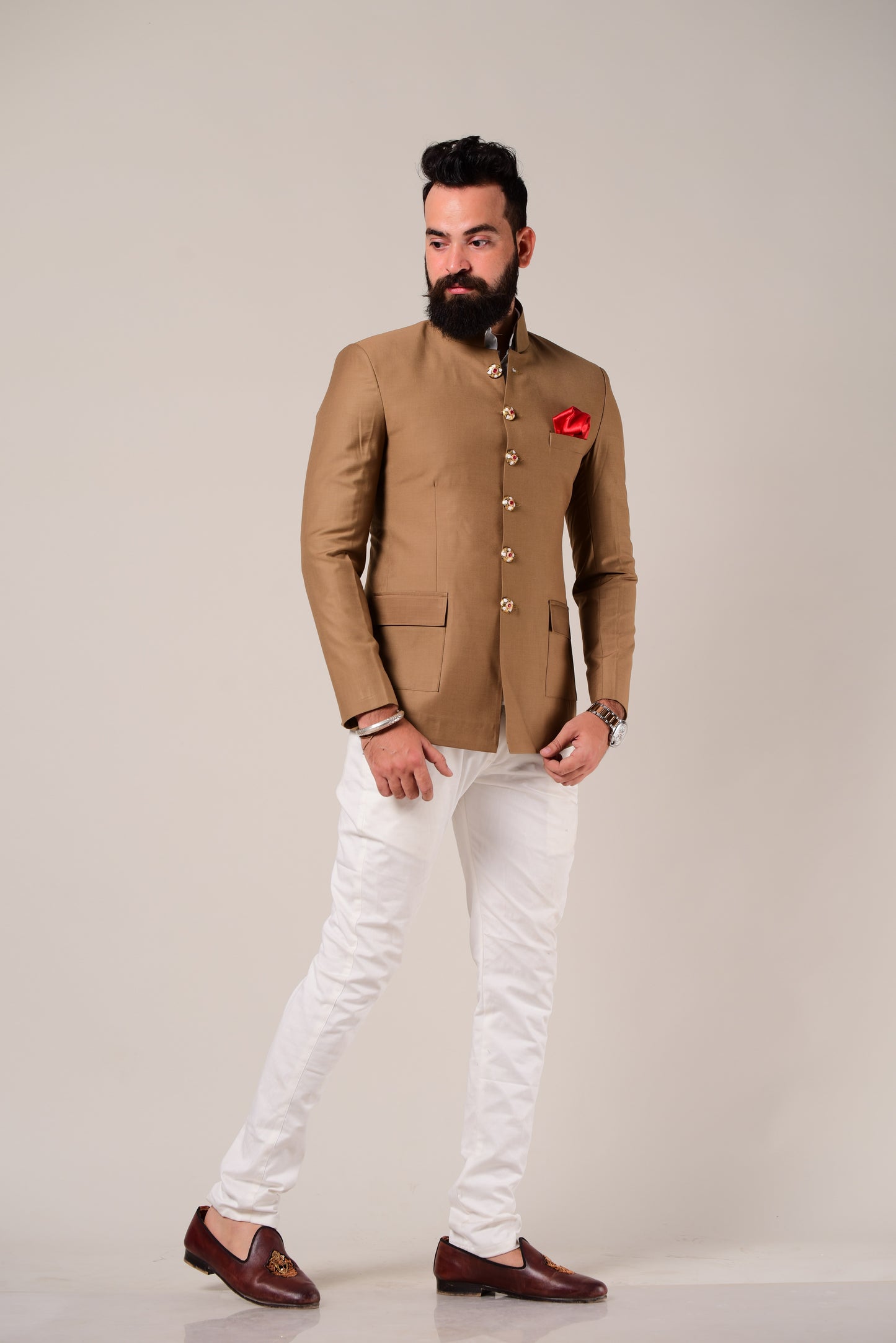 Camel Brown Terry Rayon Jodhpuri Bandhgala With Trouser
