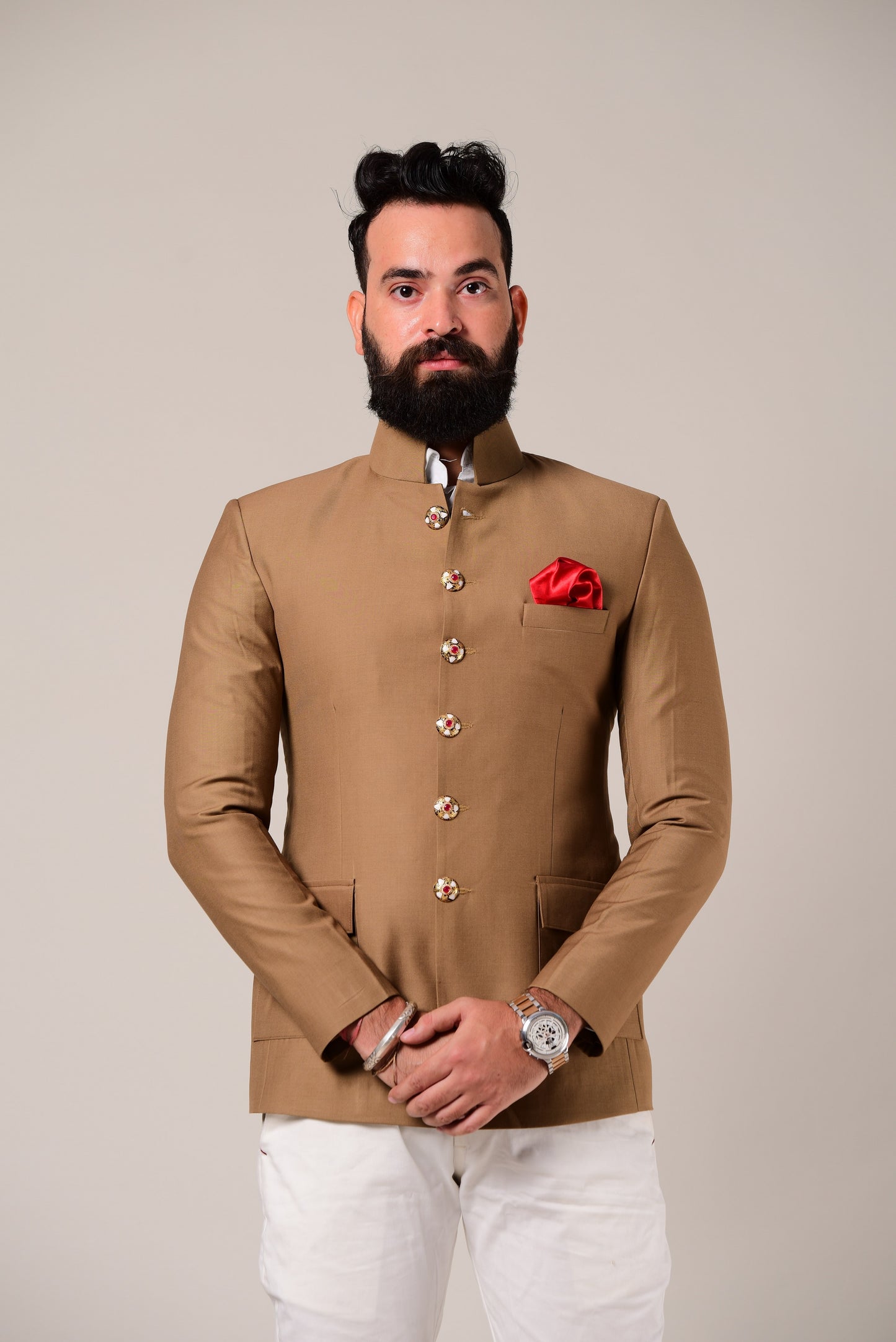 Camel Brown Terry Rayon Jodhpuri Bandhgala With Trouser
