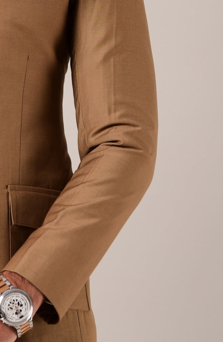 Camel Brown Terry Rayon Jodhpuri Bandhgala With Trouser