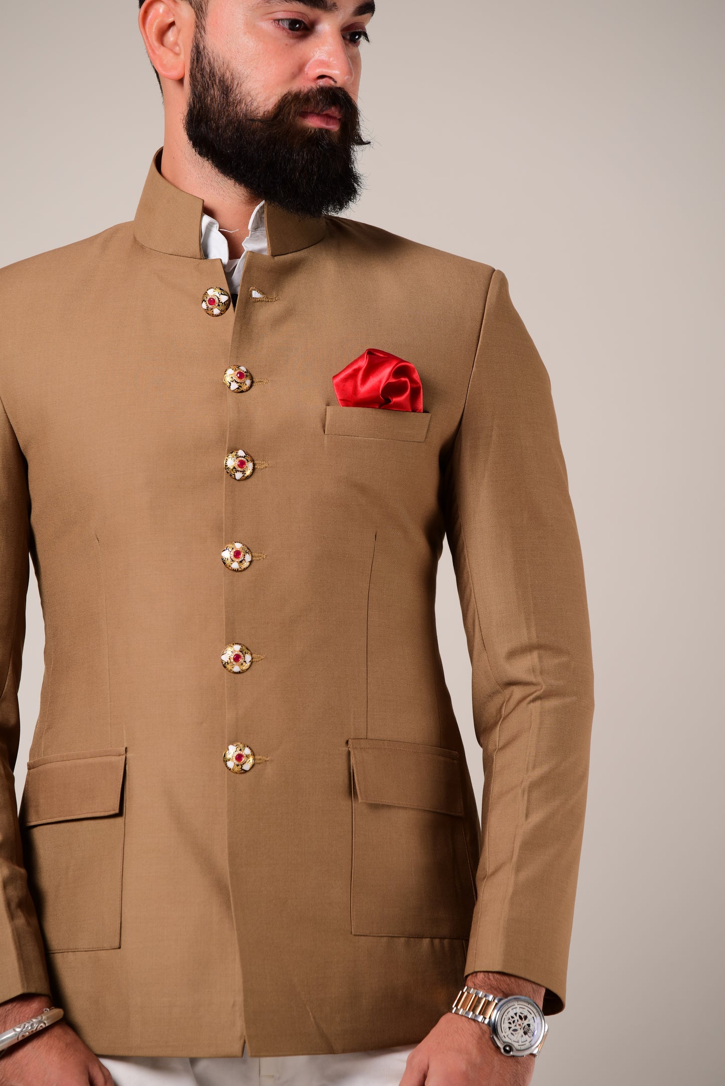 Camel Brown Terry Rayon Jodhpuri Bandhgala With Trouser