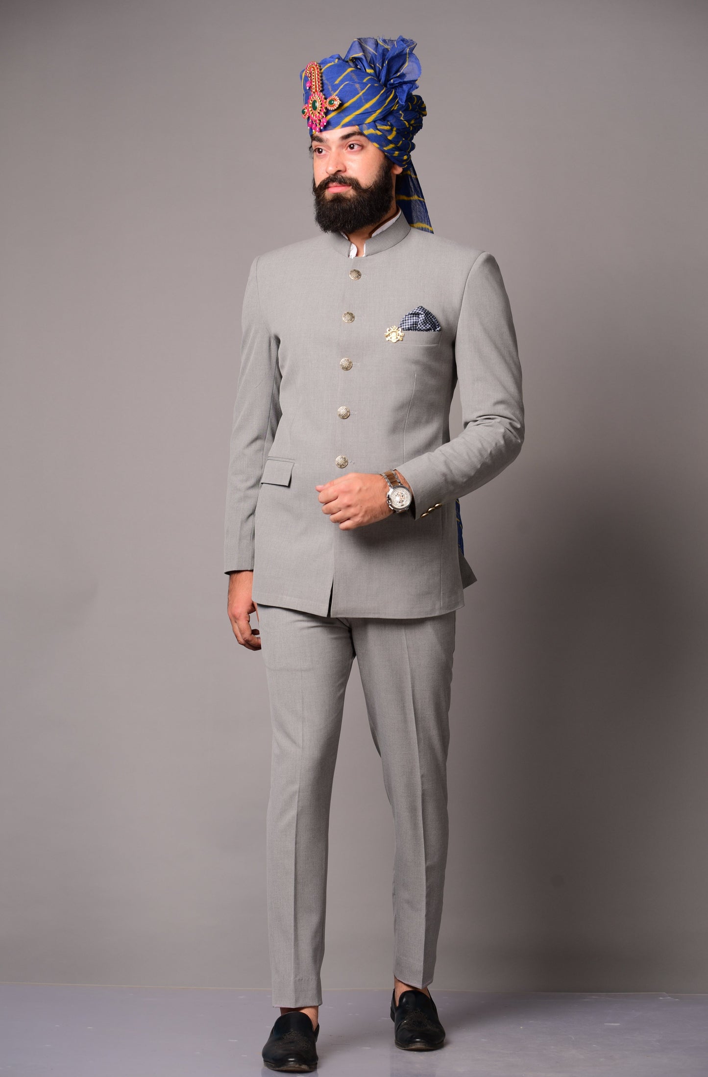 Handmade Modish Grey Jodhpuri Bandhgala Suit for Men