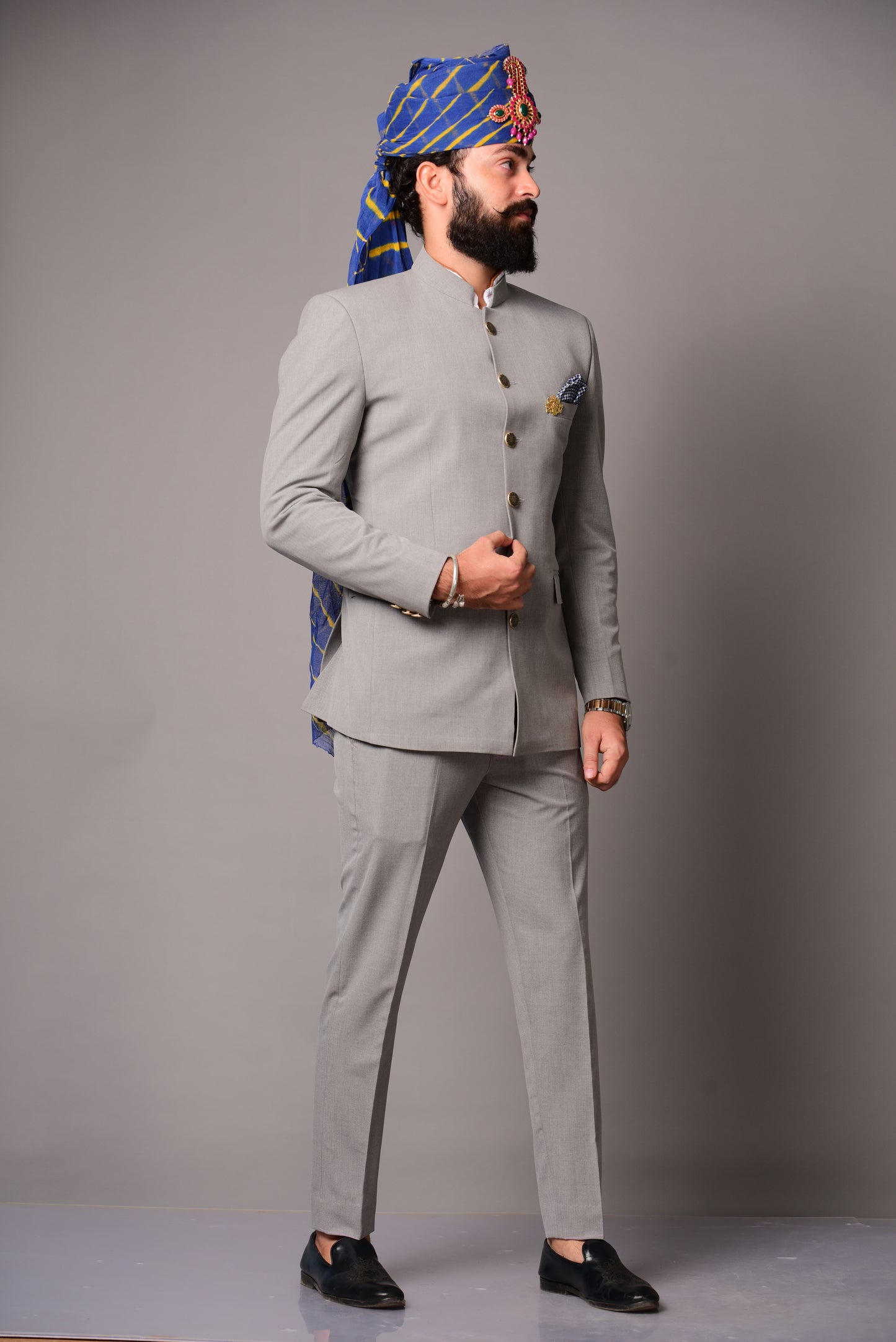 Handmade Modish Grey Jodhpuri Bandhgala Suit for Men