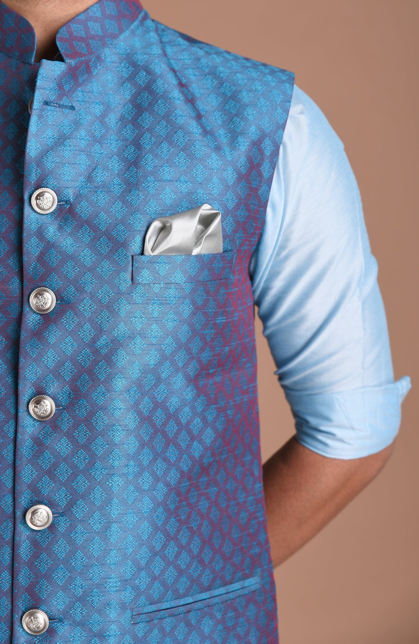 Diamond Pattern Half Jodhpuri Jacket With Kurta Pajama