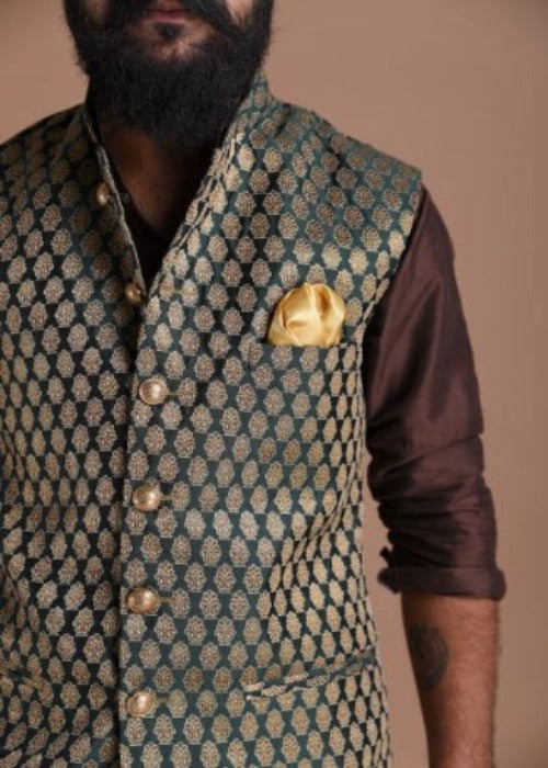 Jaipuri Booti Pattern Dark Green Brocade Silk Jacket with Kurta Pajama Set