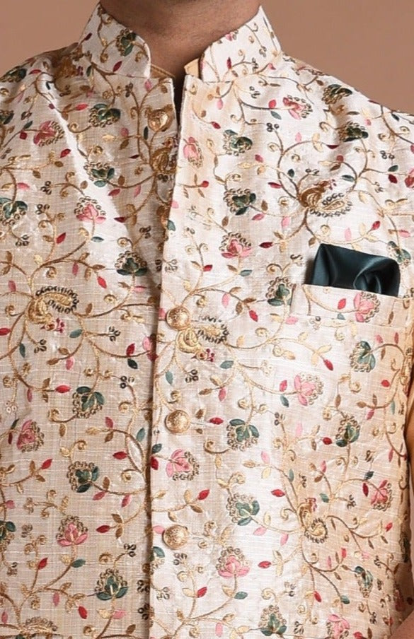 Embroidered Silk Maharaja Style Cream Color Nehru Jacket With Kurta Pajama