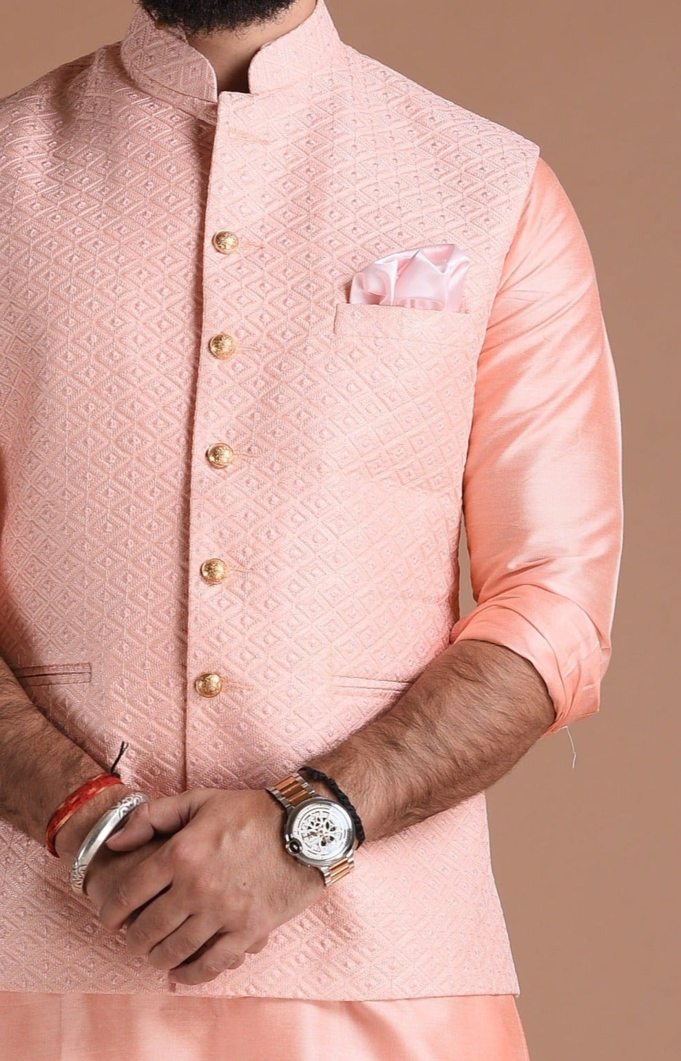 Alluring Pink Embroidered Half Jodhpuri Jacket with Kurta Pajama Set