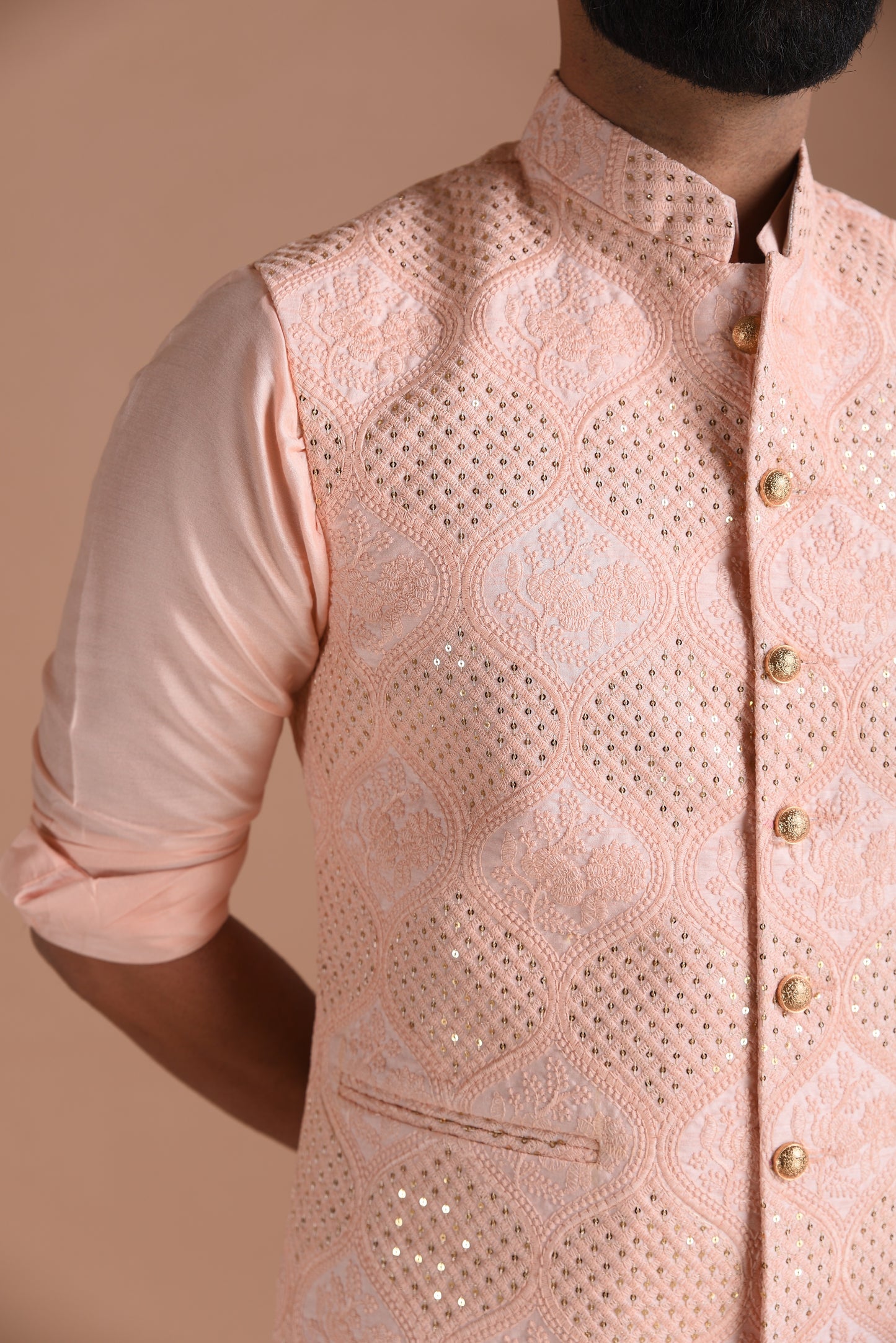 Heavy Lucknowi Chikankaari Pink Nehru Jacket With Kurta Pajama Set