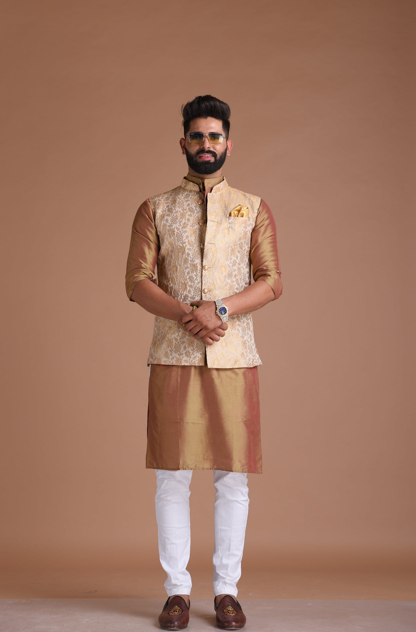 Banarasi Brocade Silk Beige Golden Half Jodhpuri Jacket With Kurta Pajama