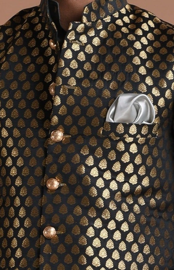 Booti Pattern Black color Royal Half Jodhpuri Jacket With Kurta Pajama Set