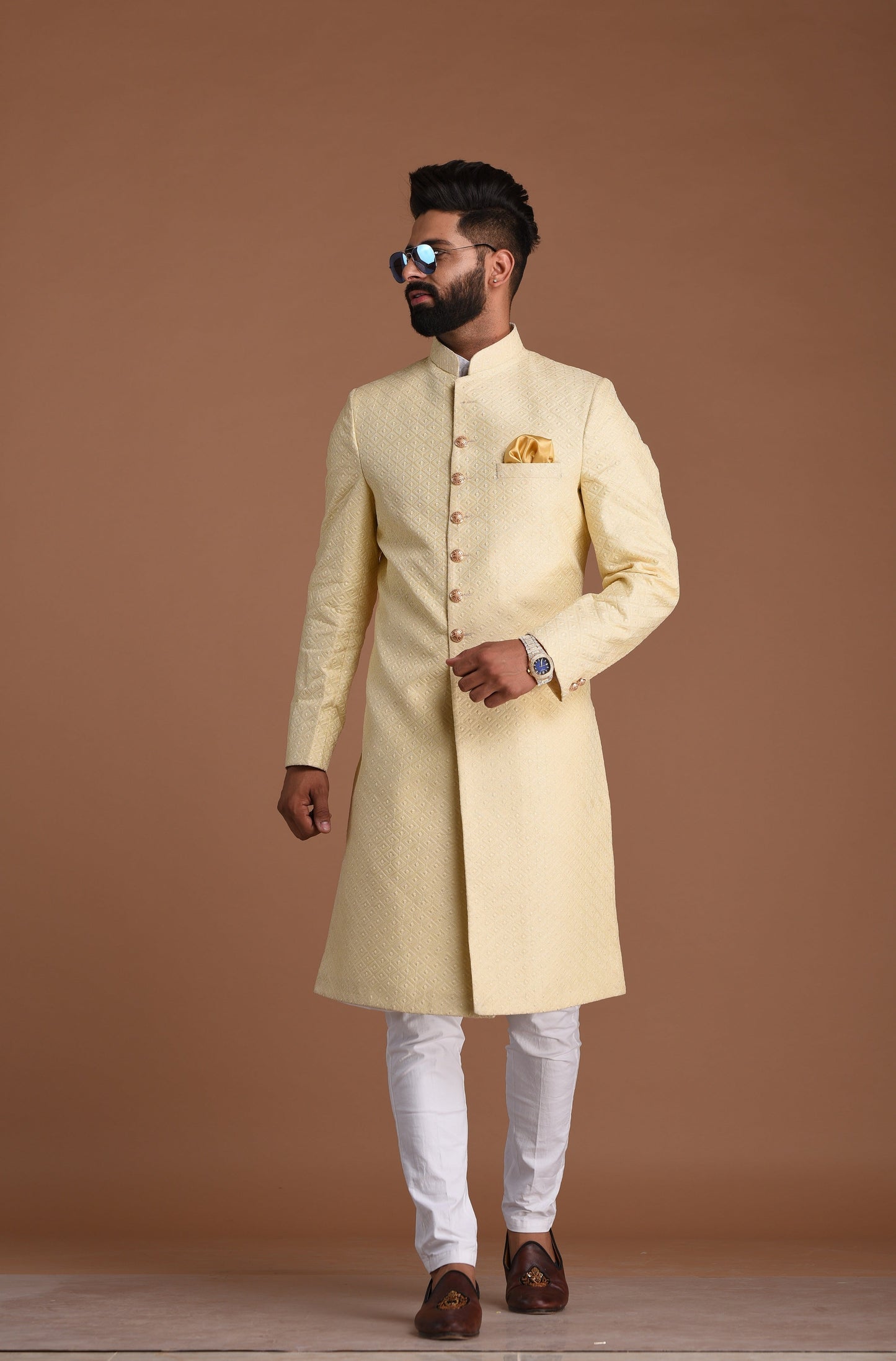 Fawn Golden Color Booti Club Pattern Brocade Silk Sherwani